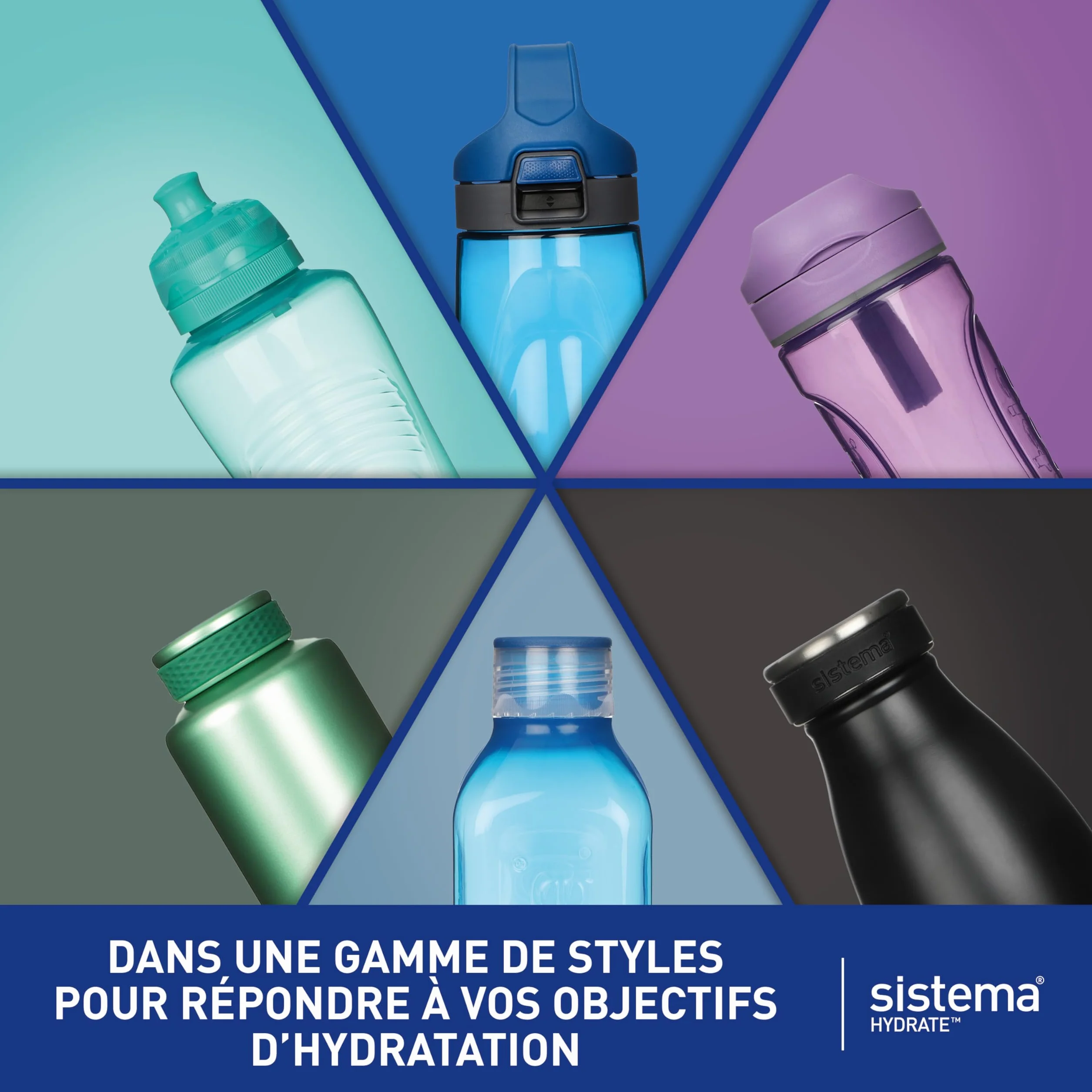 Sistema Bouteille d'eau carrée 1 litre sans BPA Bouchon étanche Bleu-gris
