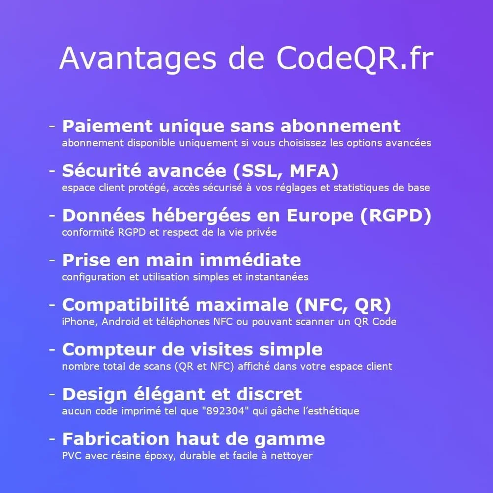 Carte de visite numérique PVC QR Code sans contact compatible smartphones paramétrable en ligne