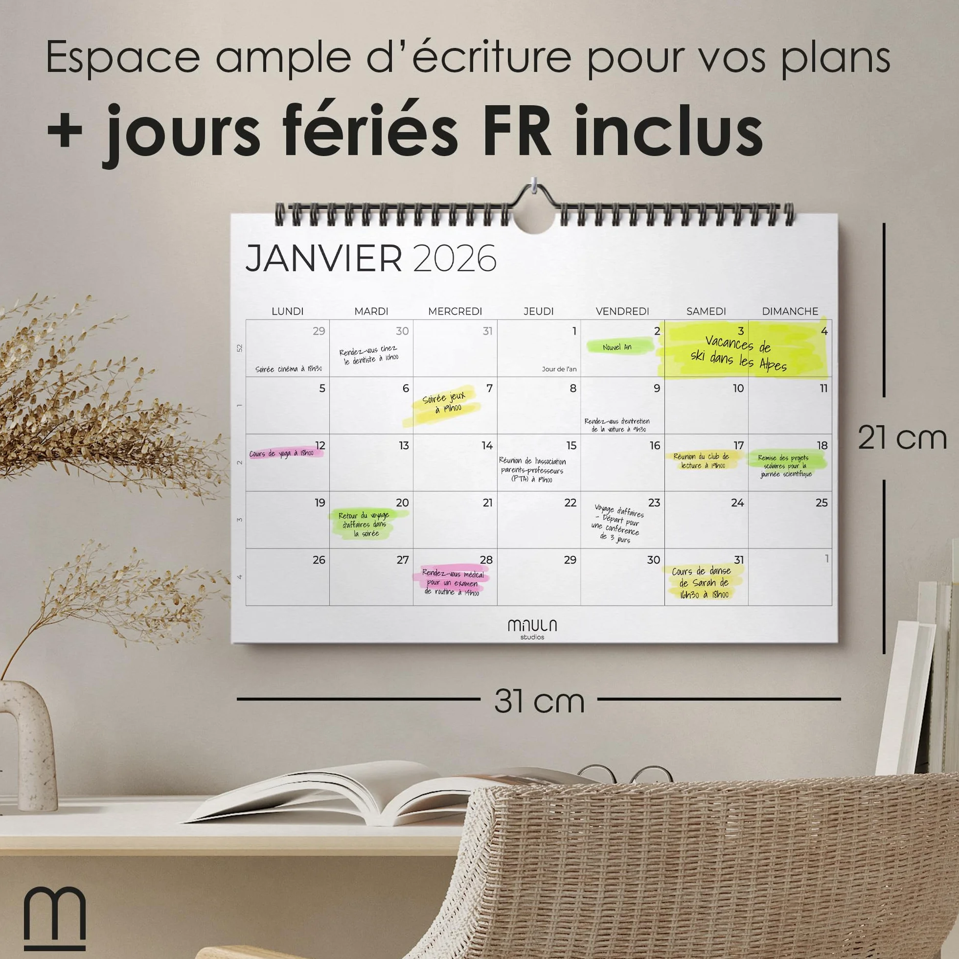 Calendrier Mural 2026 A4 Planificateur Annuel Mensuel Vue Mensuelle Maison Bureau