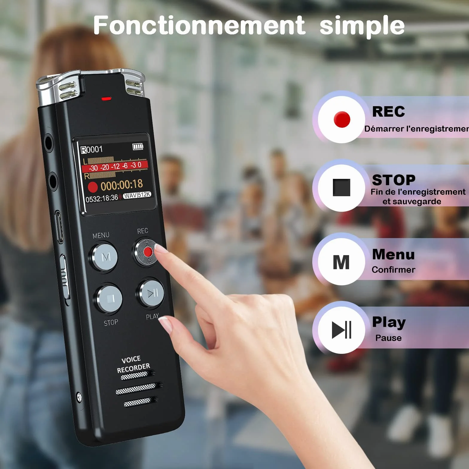 EVISTR Enregistreur numérique de Voix 128GB - Enregistreur Audio à Commande vocale avec réduction du Bruit - Dictaphone Dual MIC Rechargeable