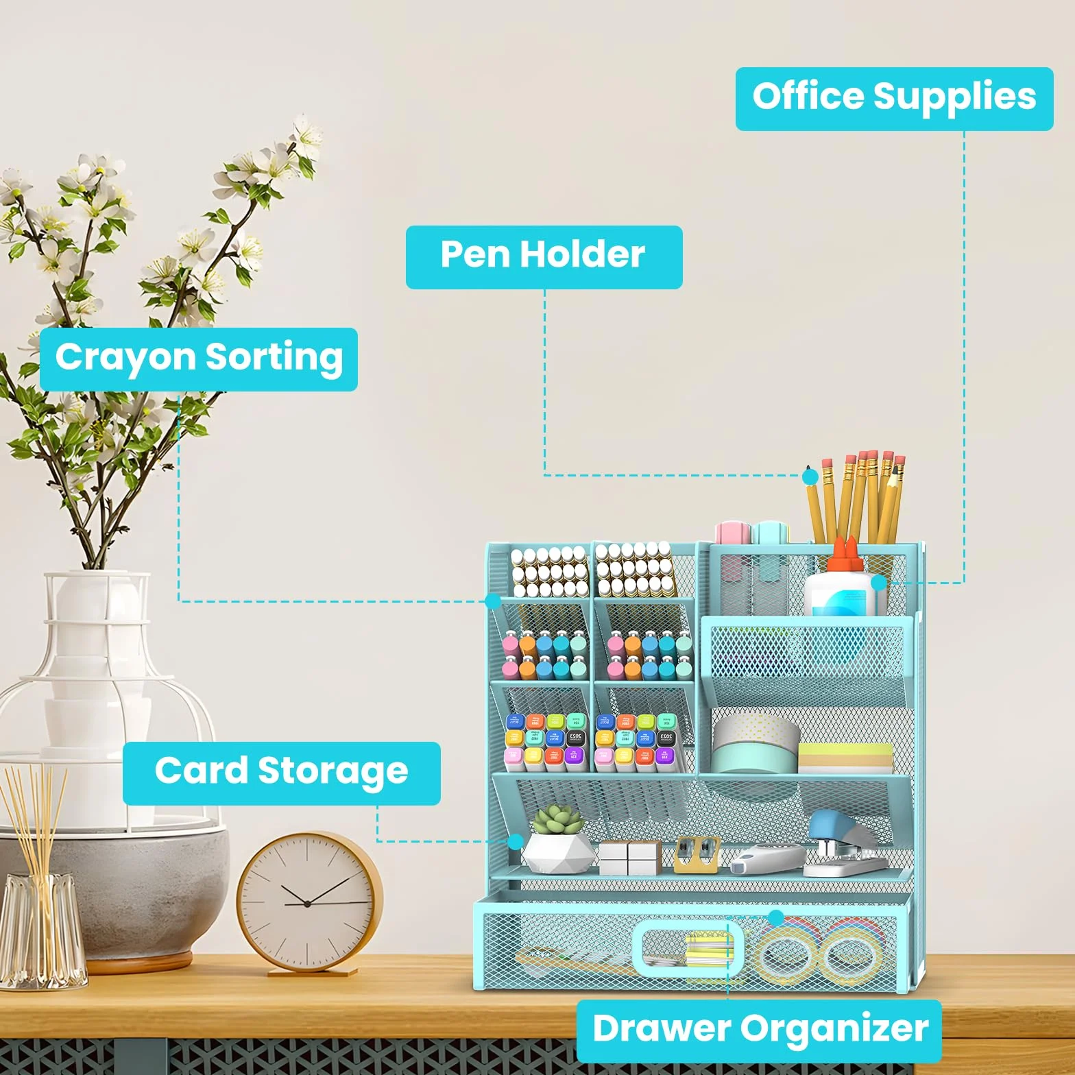 SUPEASY Porte-stylo organiseur bureau maille métallique bleu