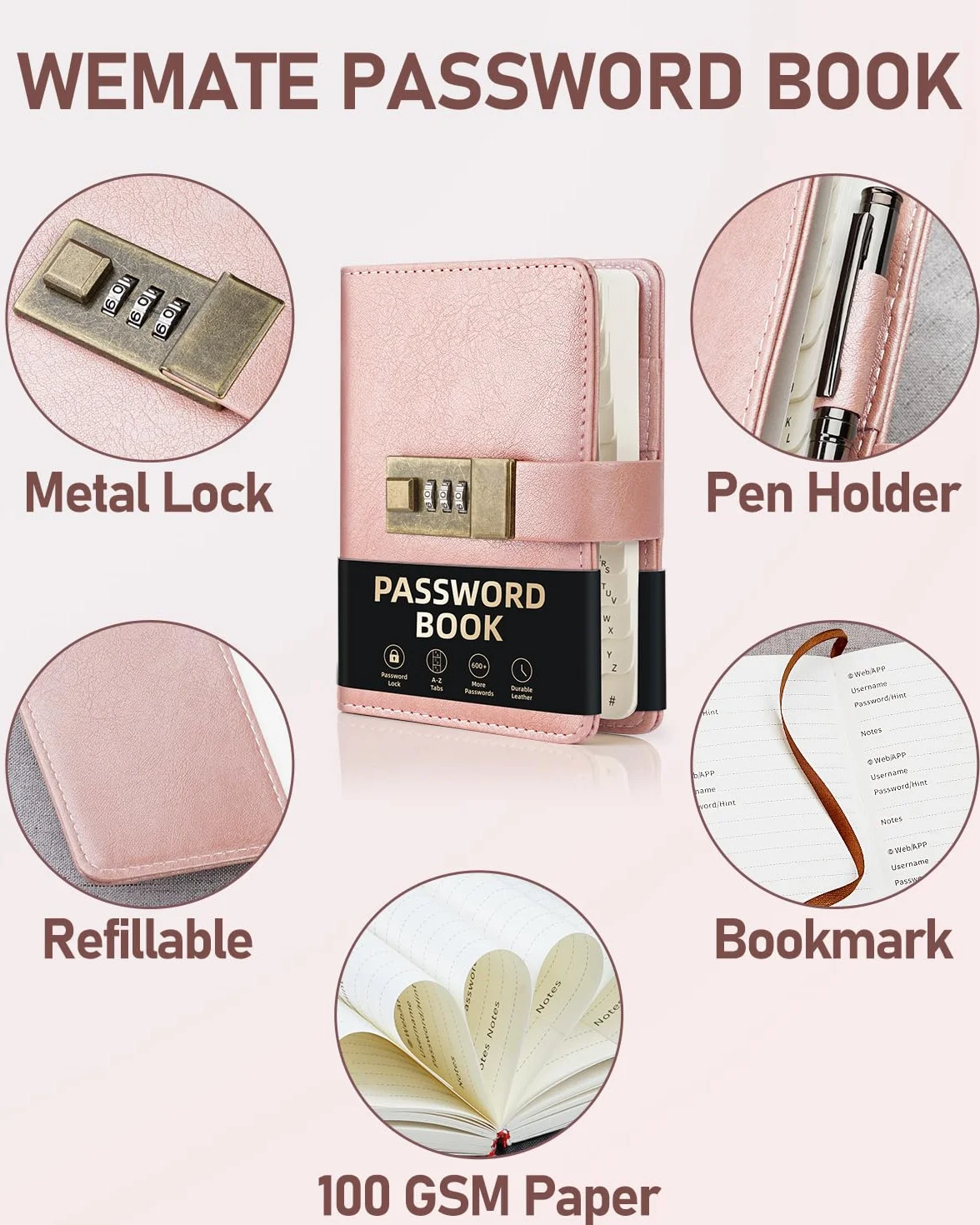 WEMATE Livre de mots de Passe Verrouillable, Organisateur de Codes, 600 Espaces, Rose
