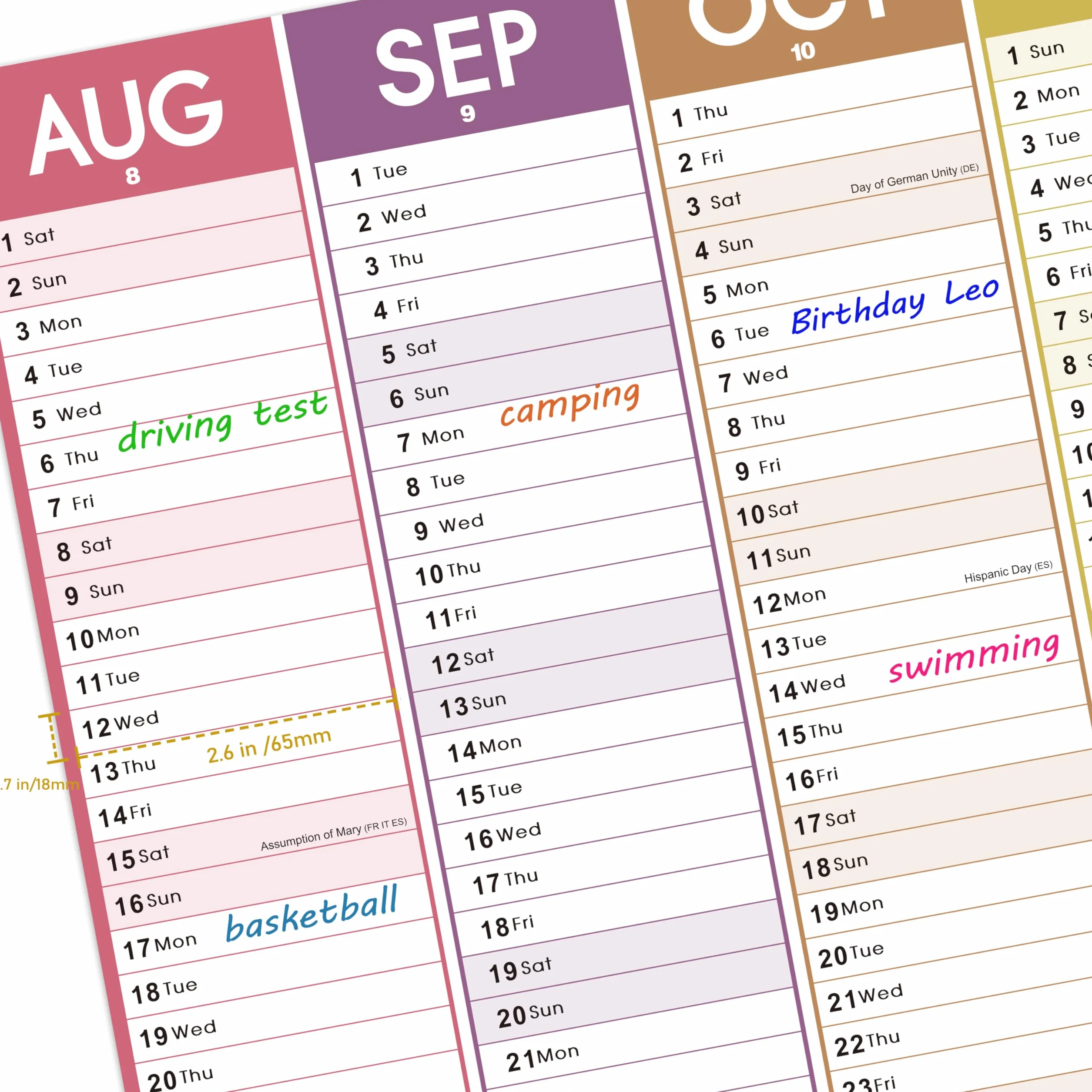 Calendrier mural 2026 grand format britannique 120 x 42 cm XXXL coloré