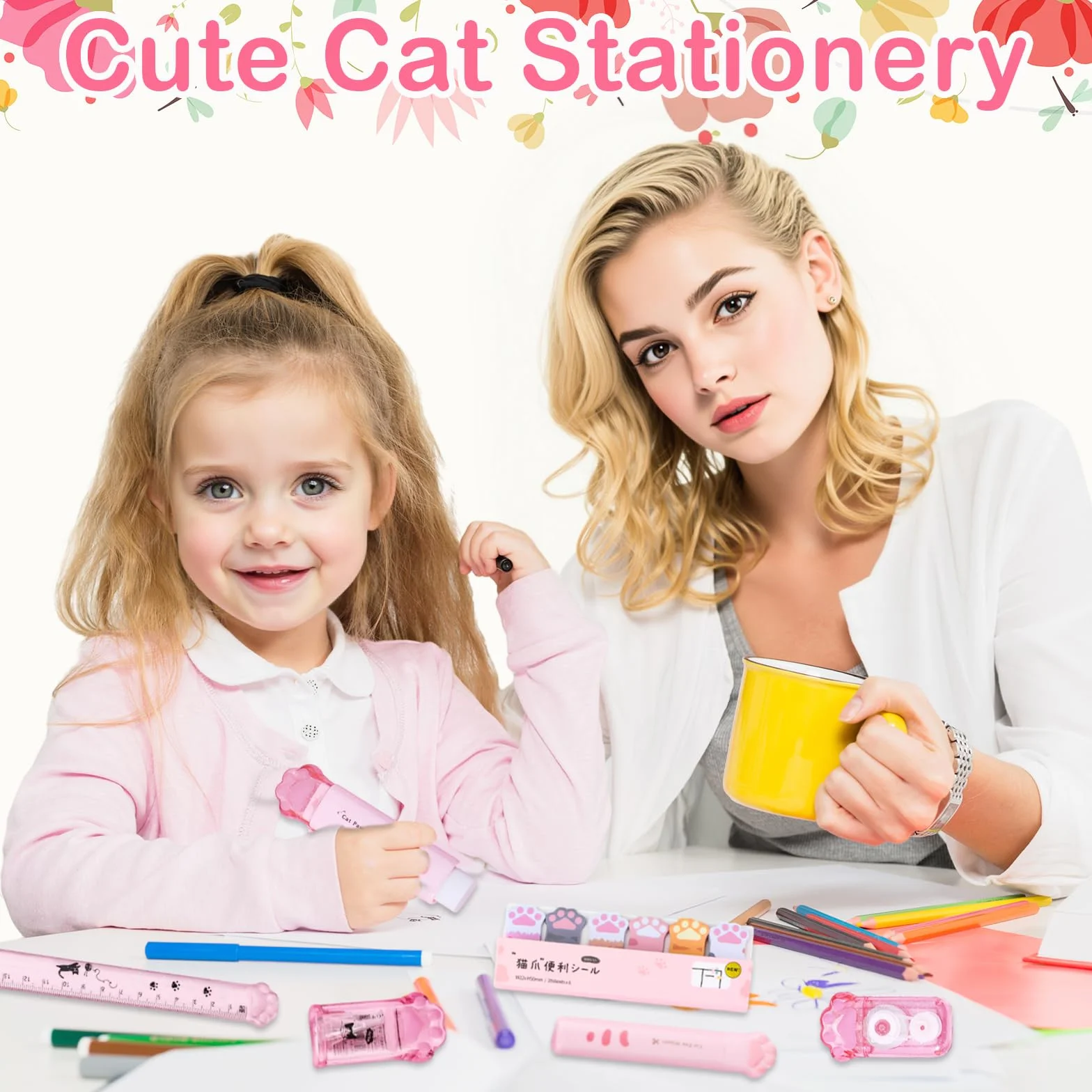 Lot de 7 articles de papeterie taille-crayon rétractable, ruban correcteur, gomme, notes adhésives, règle, mini ciseaux et cutter universel (rose)