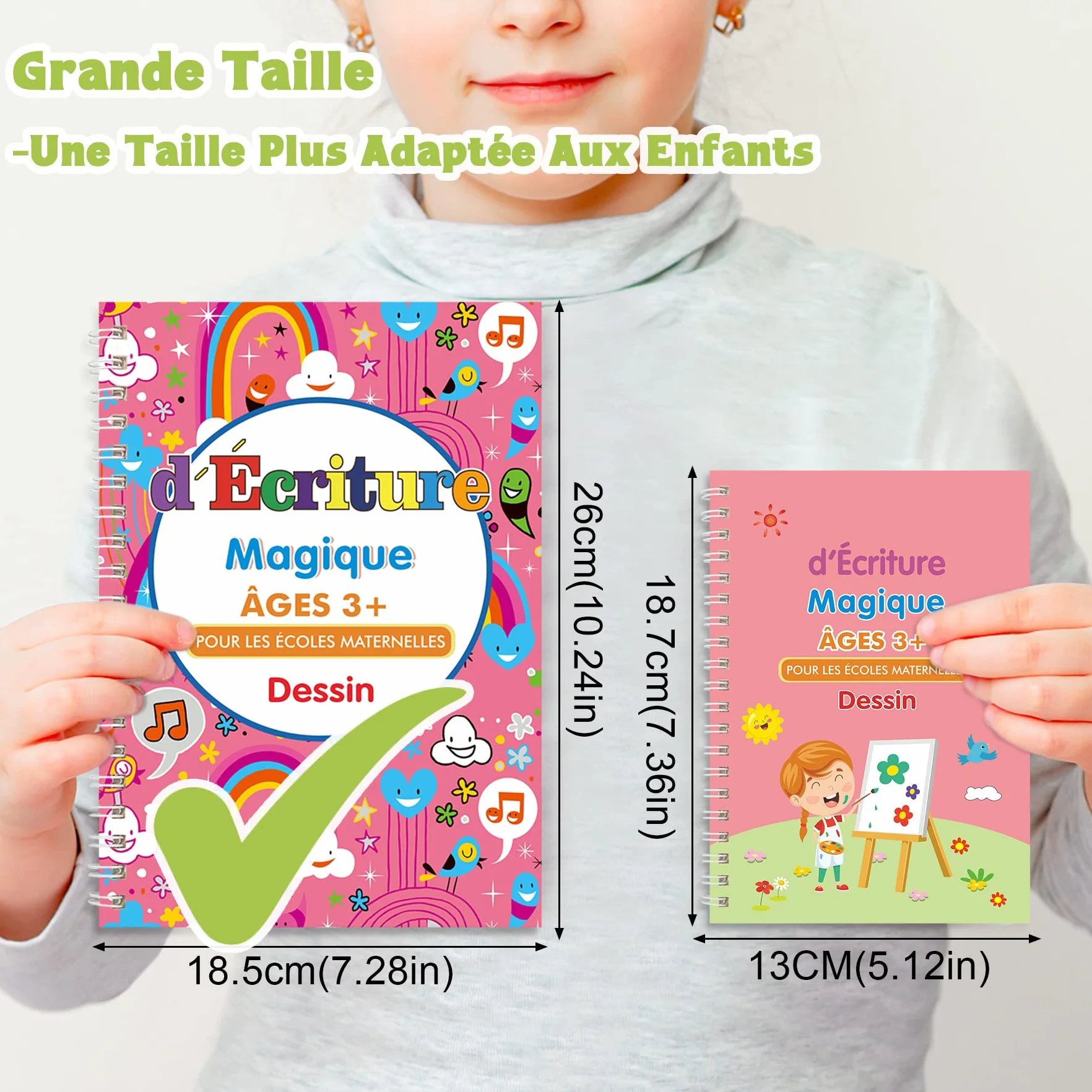 Larcenciel Grand Cahier Écriture Magique Français, 4 Livres Calligraphie Enfant Réutilisable avec Stylos Recharges, Cahier Vacances Maternelle CP CE1