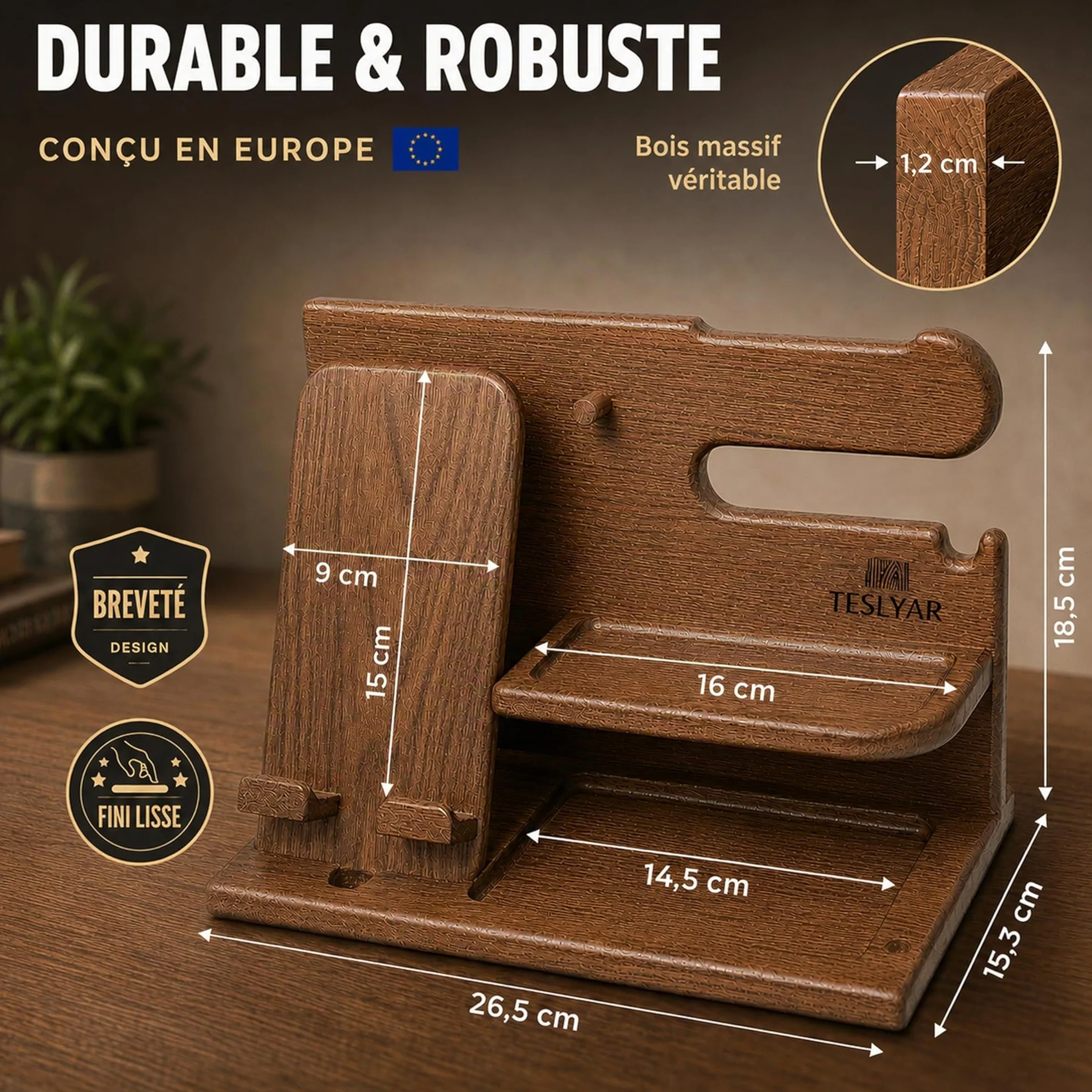 Organisateur de Bureau en Bois avec Support Téléphone et Montre, Station d’Accueil, Docking Station, Beige