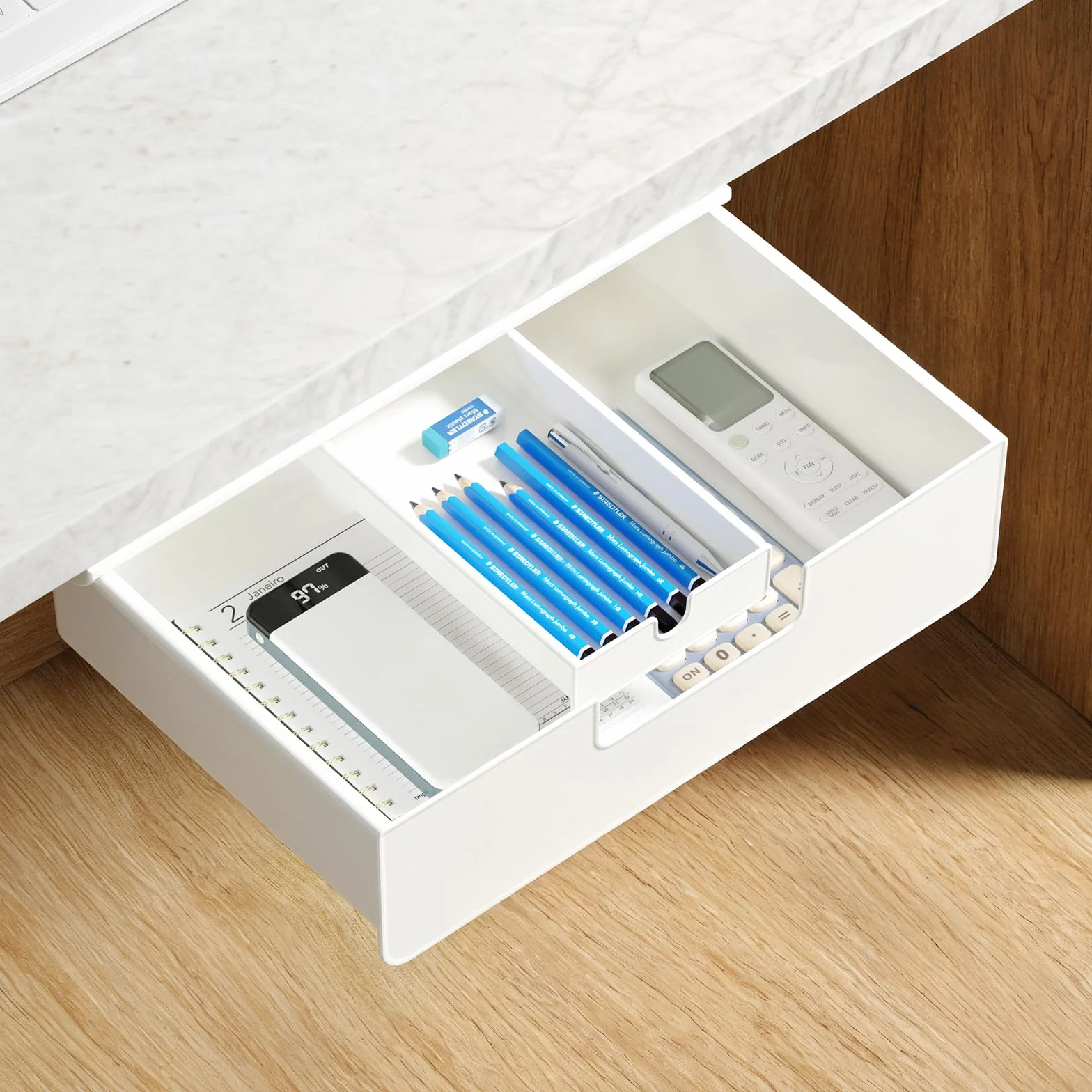 Tiroir Sous Bureau Grand Coulissant 2 Modes Installation Vis Adhesif Rangement Bureau Blanc