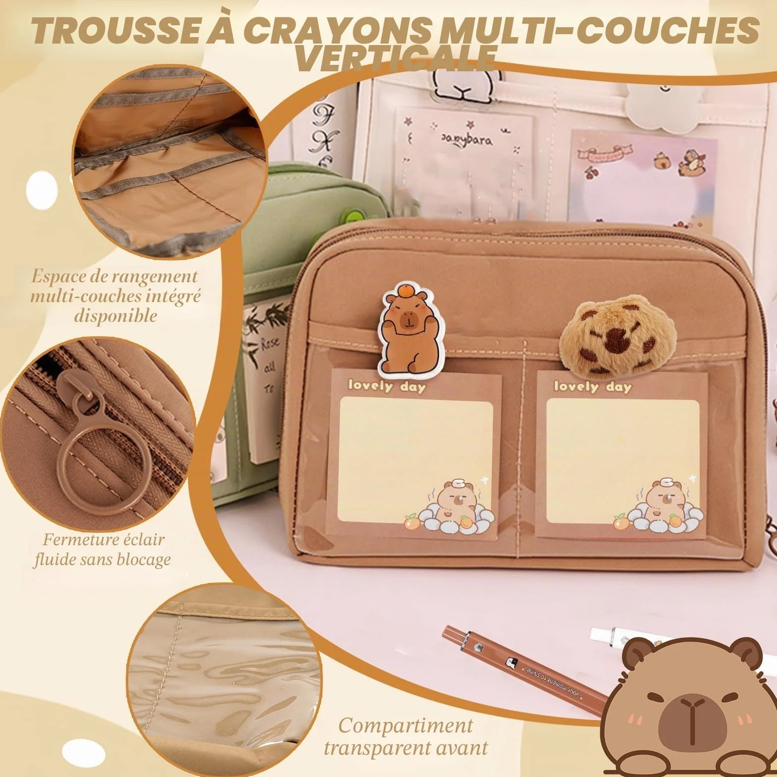 Set de Fournitures Scolaires Capybara - Trousse en Tissu, 10 Autocollants, Peluche, Badge, Porte-Clés, Bloc-Notes, 4 Stylos Gel & Clip
