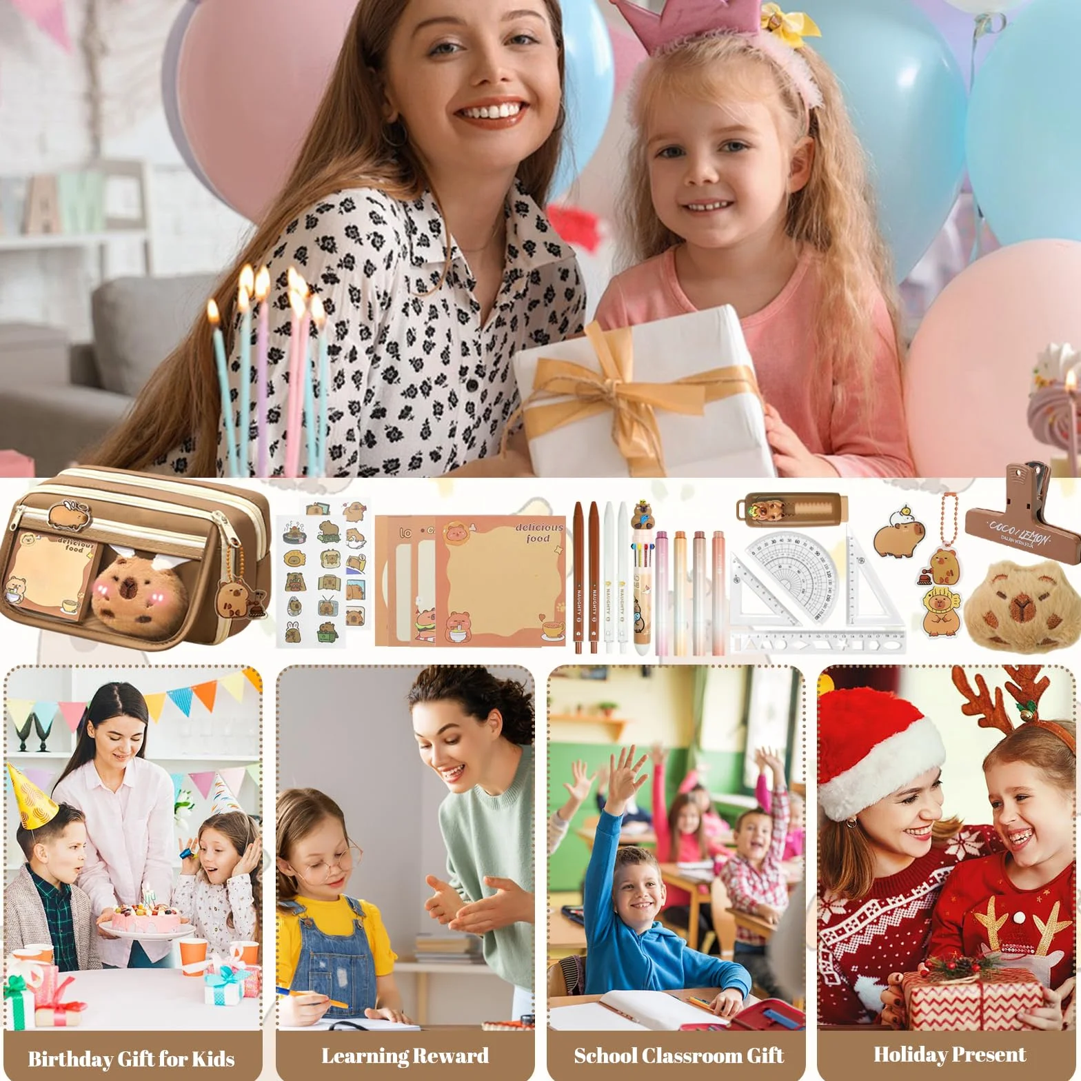 Ensemble Papeterie Capybara 26 Pièces Trousse à Crayons Kawaii Stylos Règle Autocollants Rentrée Scolaire