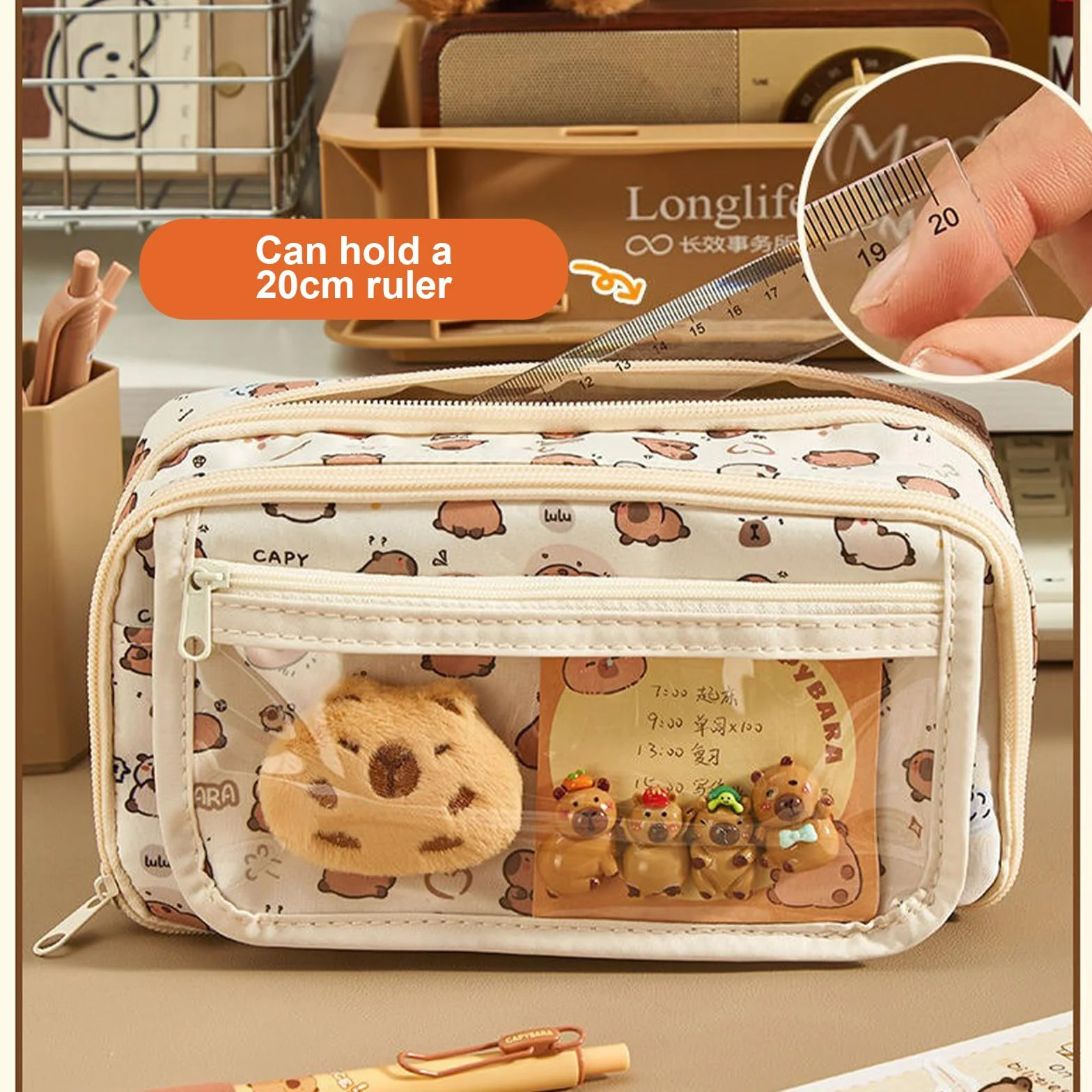 Capybara Kawaii Trousse à Crayons 58 Pièces Papeterie avec 9 Compartiments pour Bureau Scolaire Étudiants