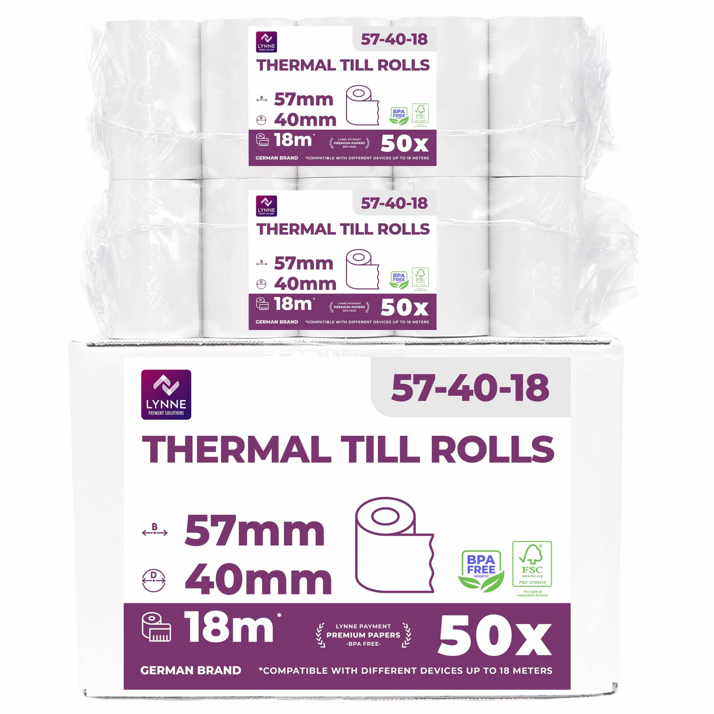 Rouleau TPE Carte Bancaire 57x40x12 - Bobine Papier Thermique 57mm x 18m x 12mm - sans BPA - 50x