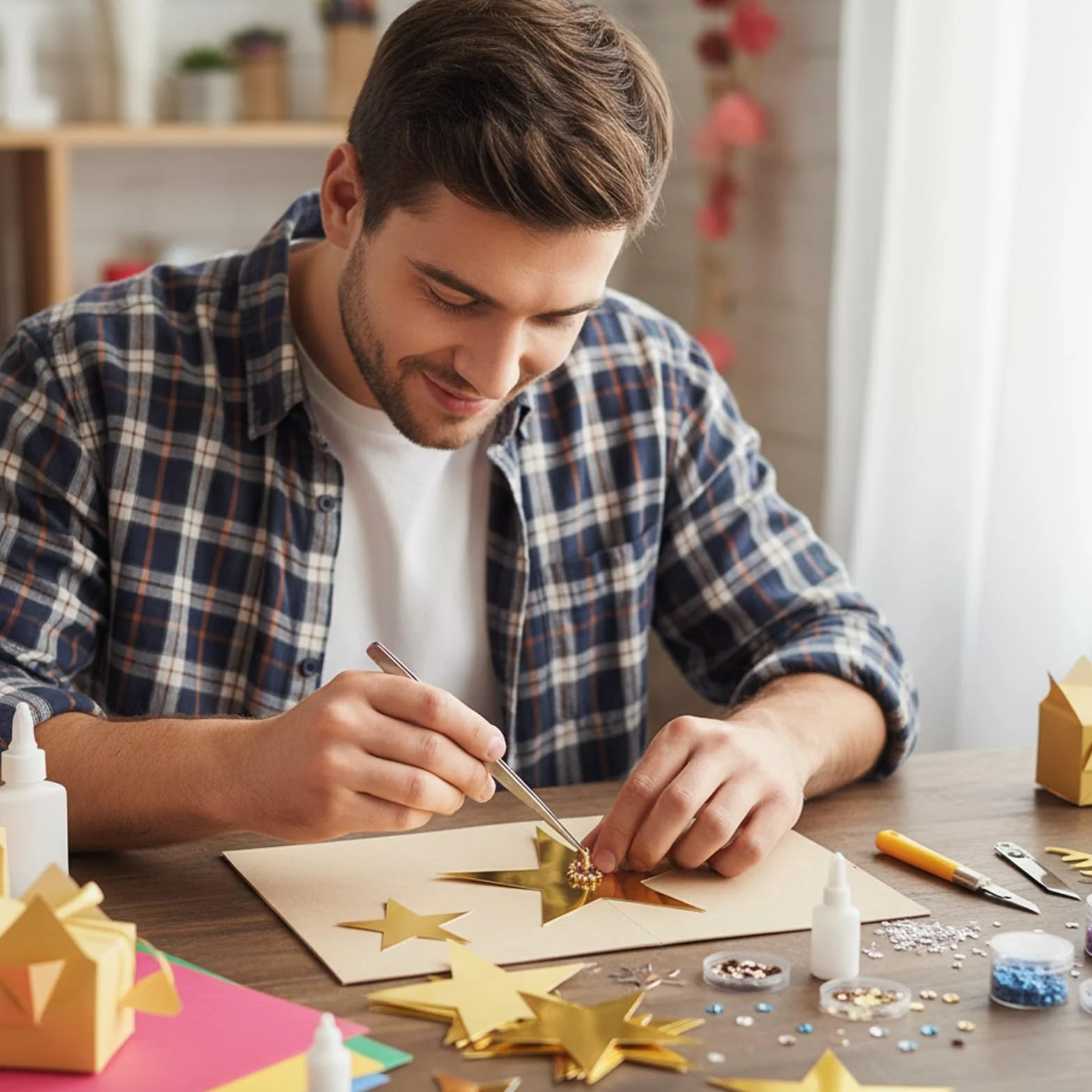 Lot de 40 étoiles décoratives en papier scintillantes dorées brillantes des deux côtés