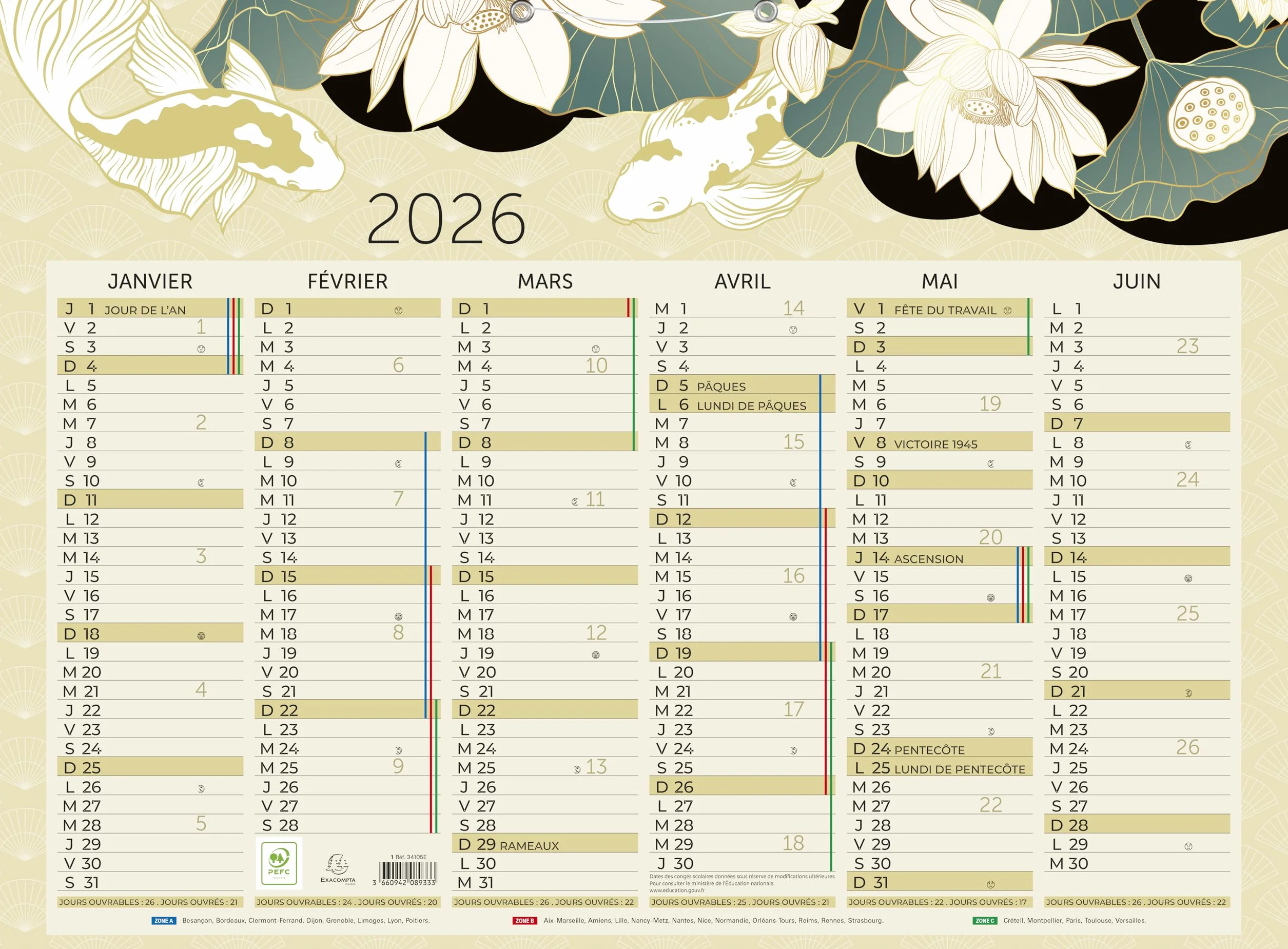 Exacompta Calendrier Sapporo Semestriel 55x40,5cm Multicolore 2026