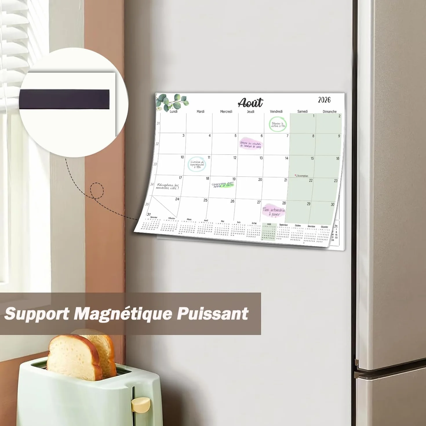 Calendrier Magnétique Frigo 2026-2027 32x22cm Familial Juil.2026-Déc.2027 Planificateur Mensuel Français