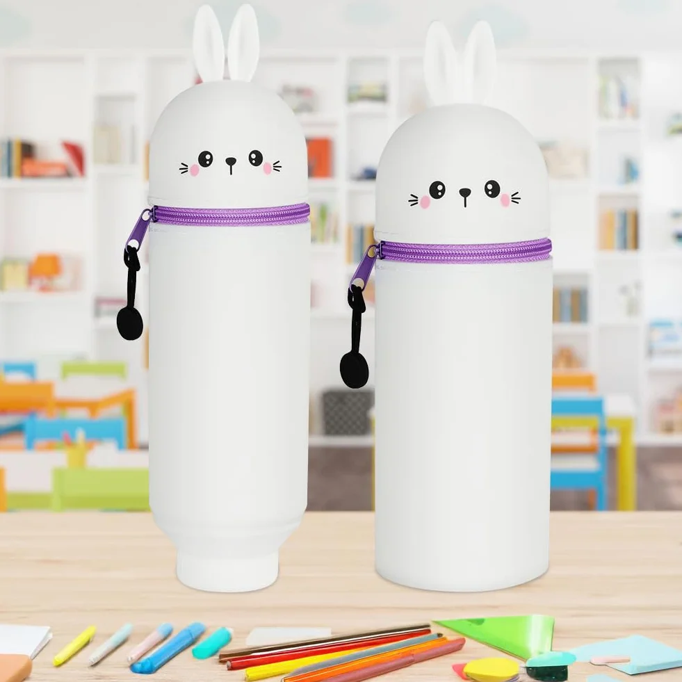 Trousse Ecole Télescopique Silicone Kawaii avec Fermeture Eclair Lapin Blanc 25x6.8cm