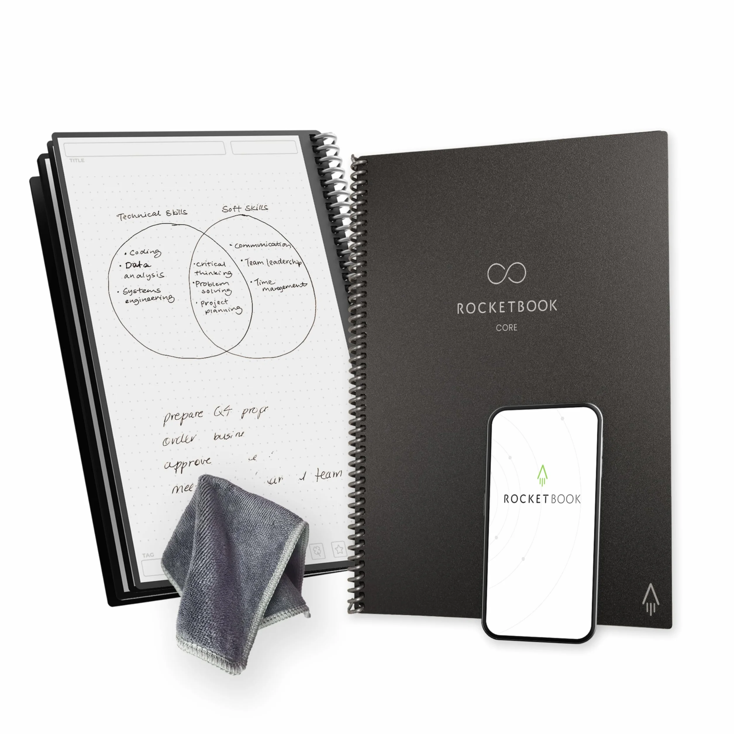 Rocketbook Core Carnet de Notes Réutilisable Taille Letter 21 cm x 29,7 cm Noir Pointillé Connecté à l'Application Effaçable