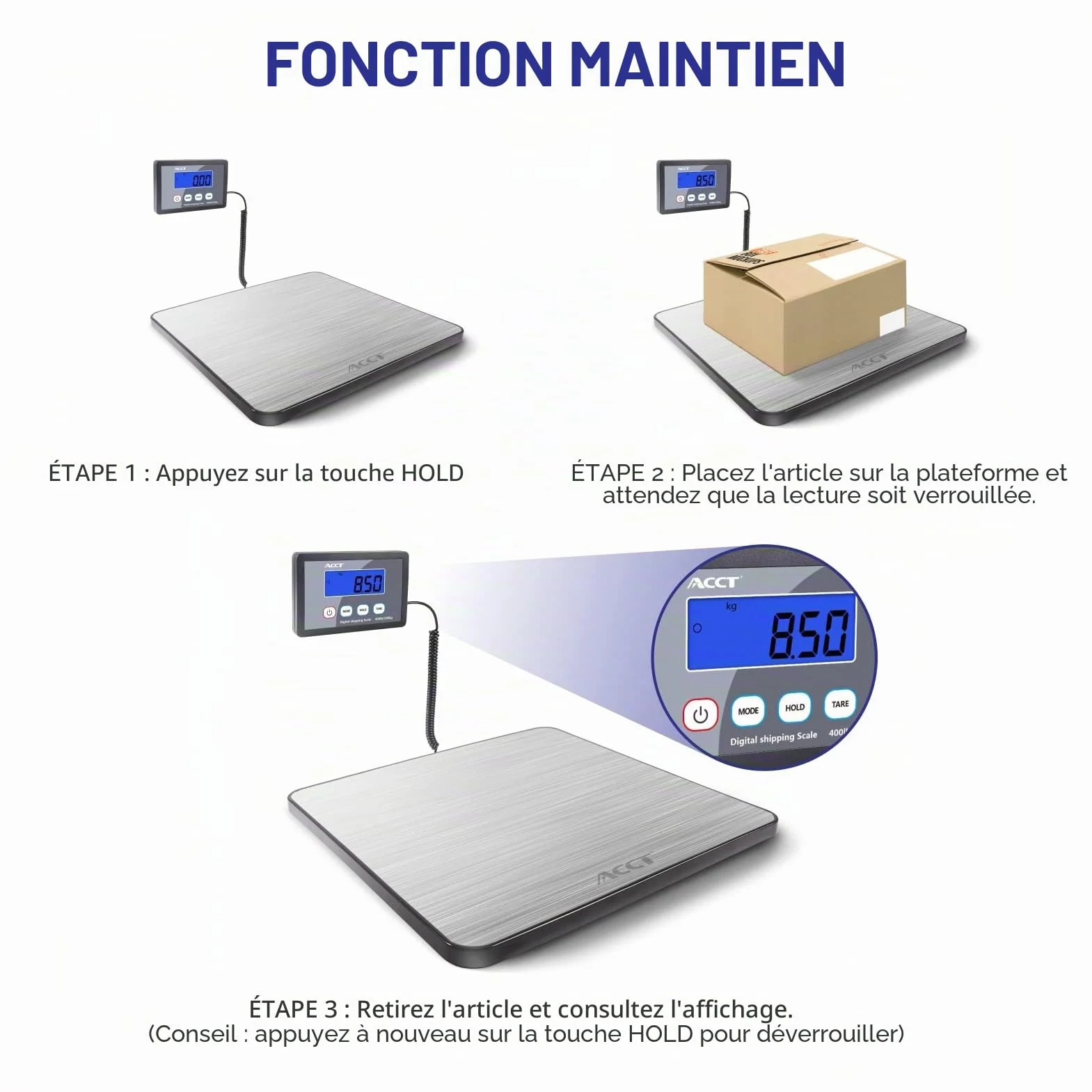 Balance Colis ACCT 400 lb/180 kg Balance Postale Numérique avec Hold/Tare Pese Colis Piles et Câble USB Inclus