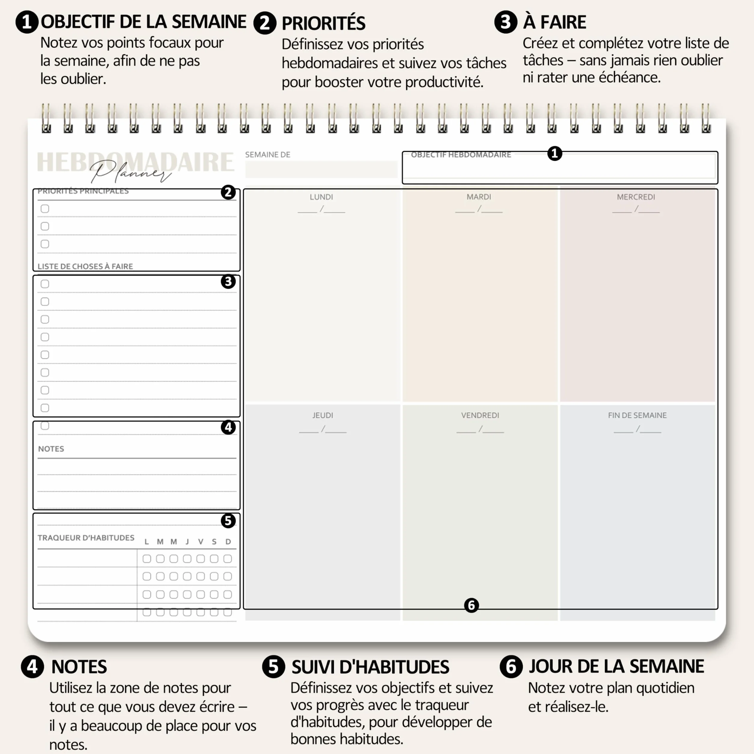 BIROYAL Planning Semaine A4 Bloc Planificateur Hebdomadaire 2026 Calendrier avec aperçu hebdomadaire suivi des habitudes