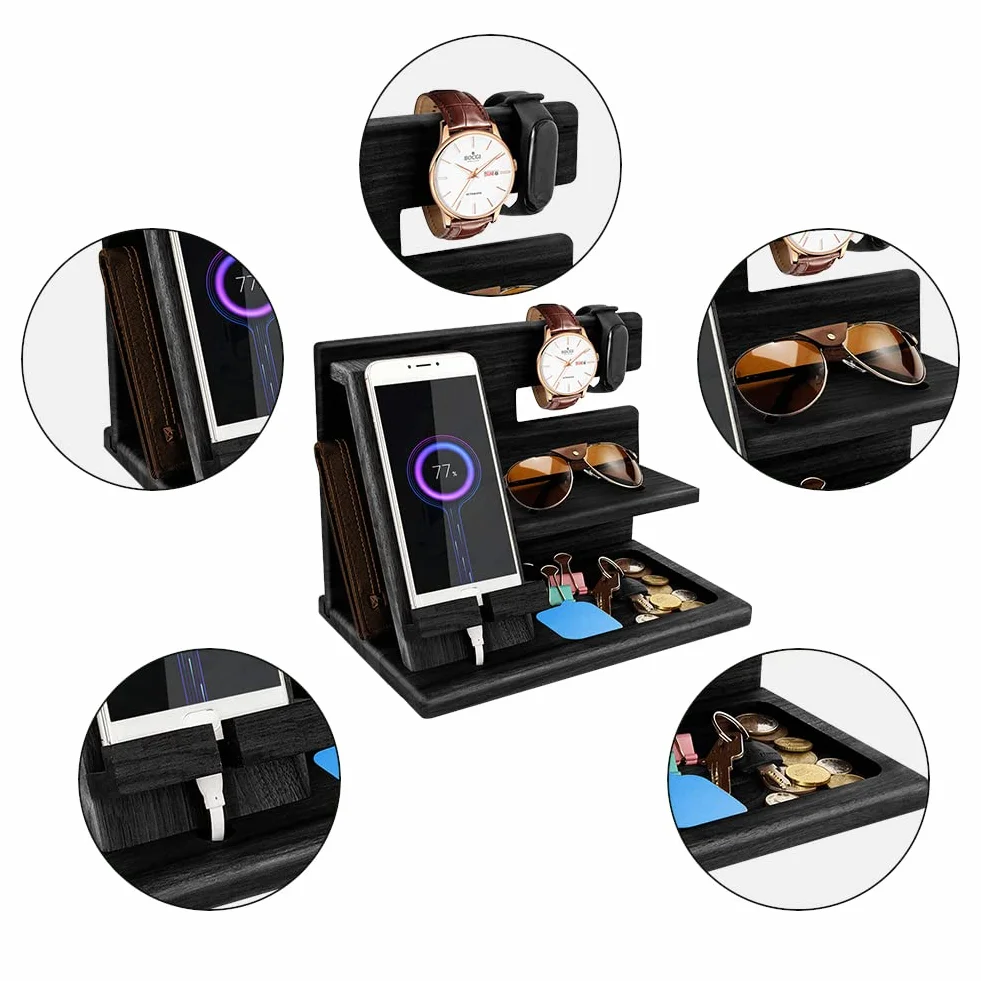 Organisateur de Bureau Bois Support Telephone Support Montre Cadeau Homme Papa Fete des Peres