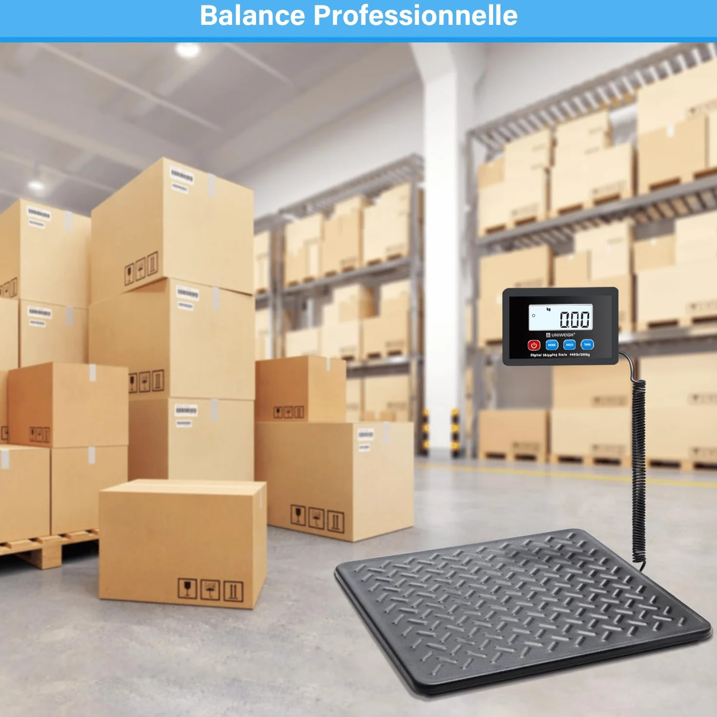 Balance postale numérique UNIWEIGH 200 kg x 10 g, plate-forme en acier, fonction LCD/Hold/Tare