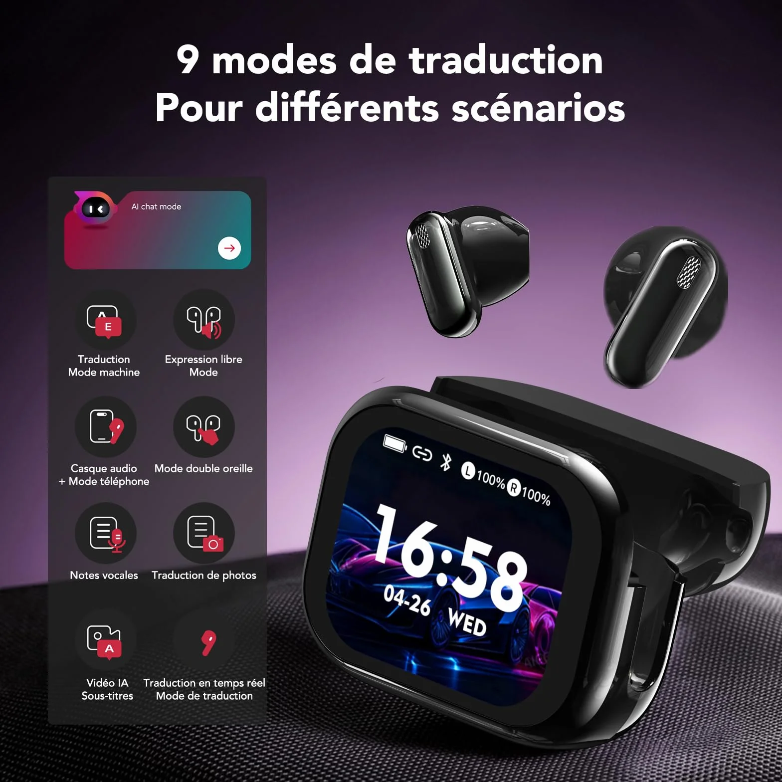 NE68 AI Écouteur Traducteur Instantané 150 Langues, ANC/ENC Réduction du Bruit, Écran Tactile LED, IPX5, 60H Autonomie