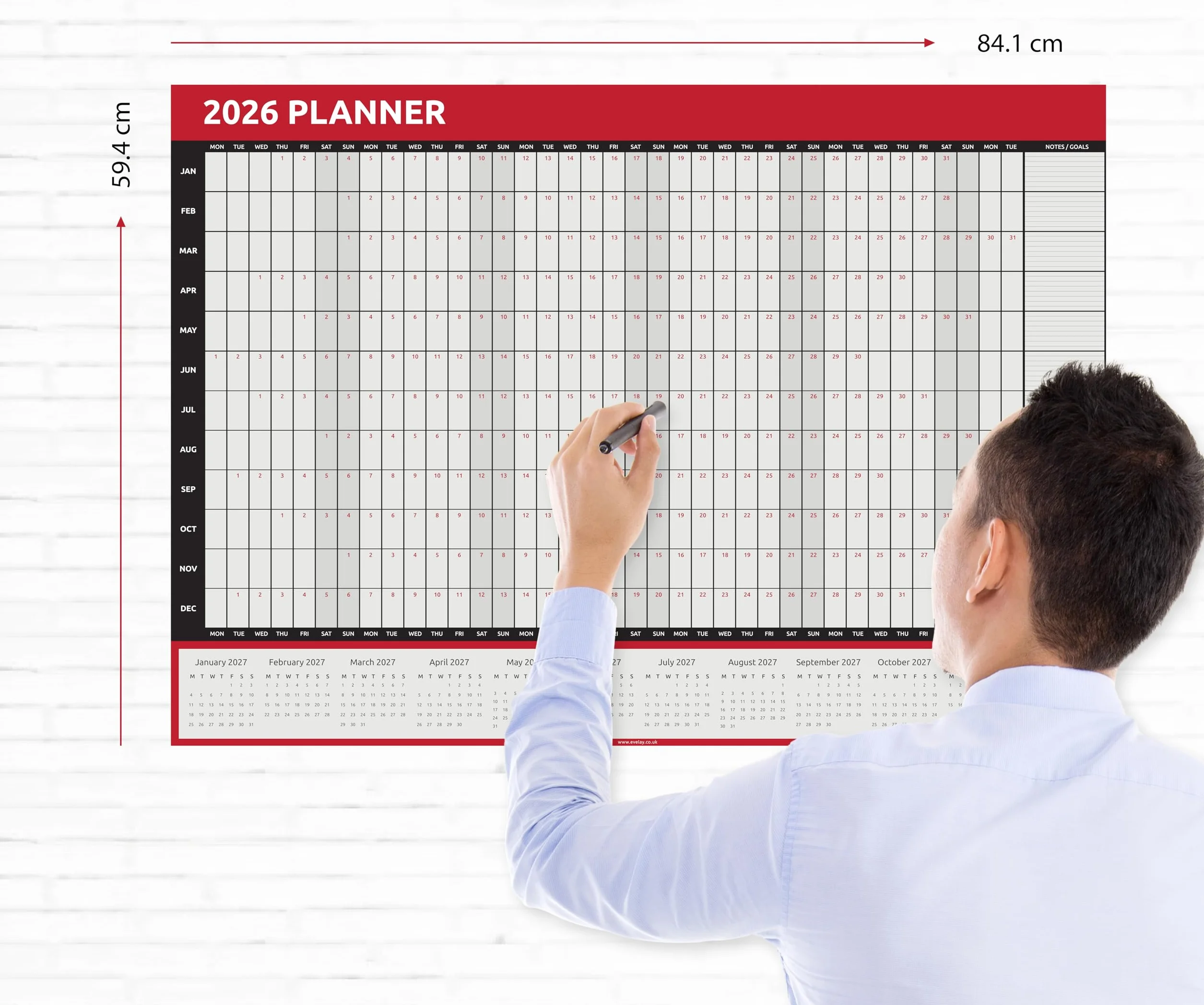 Calendrier mural 2026 A1 84x59 cm annuel complet rouge