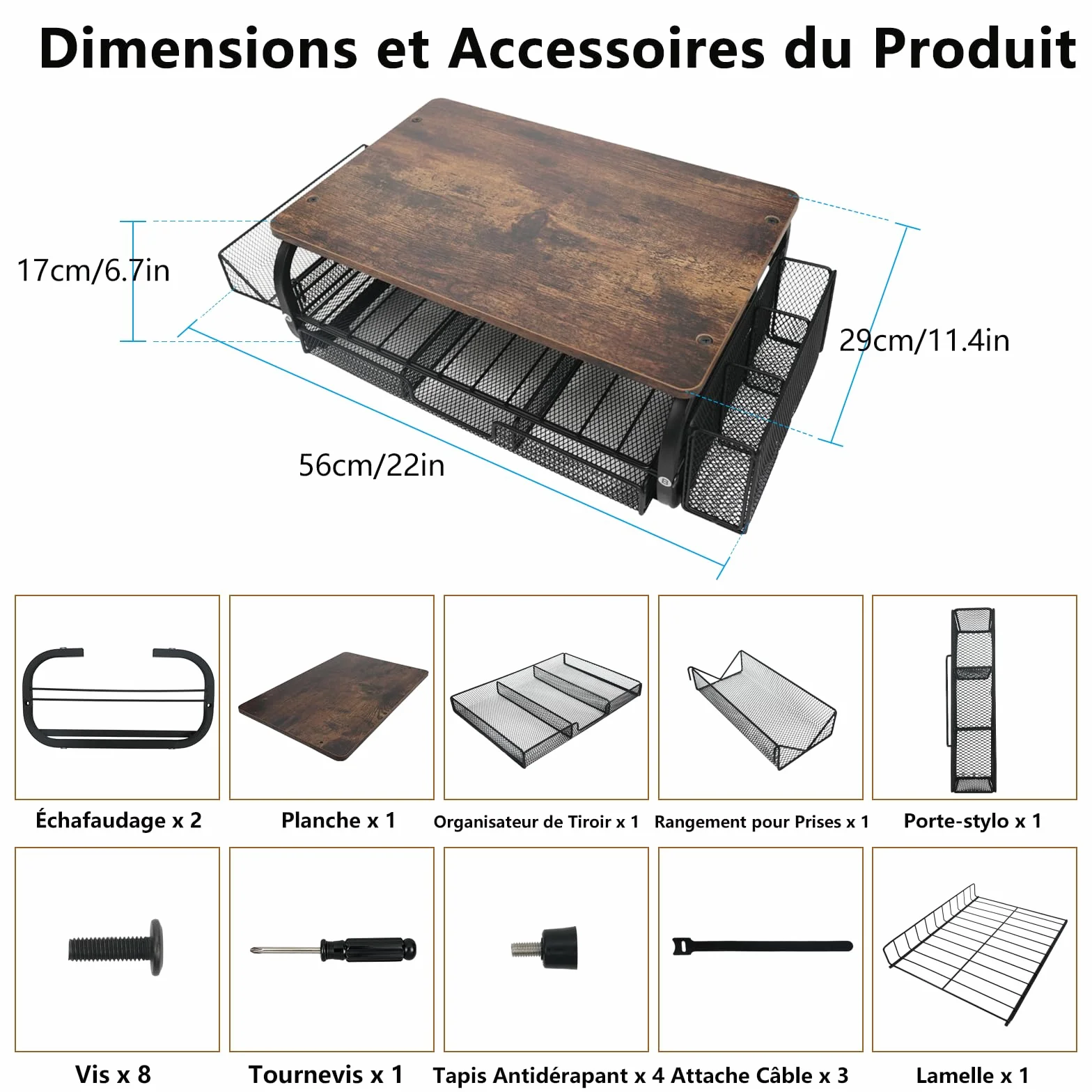 Support d'Écran Vintage 30kg/66lbs - Élévateur Ergonomique Multifonction pour Bureau avec Plateau et Attaches Câbles - Brun Rétro