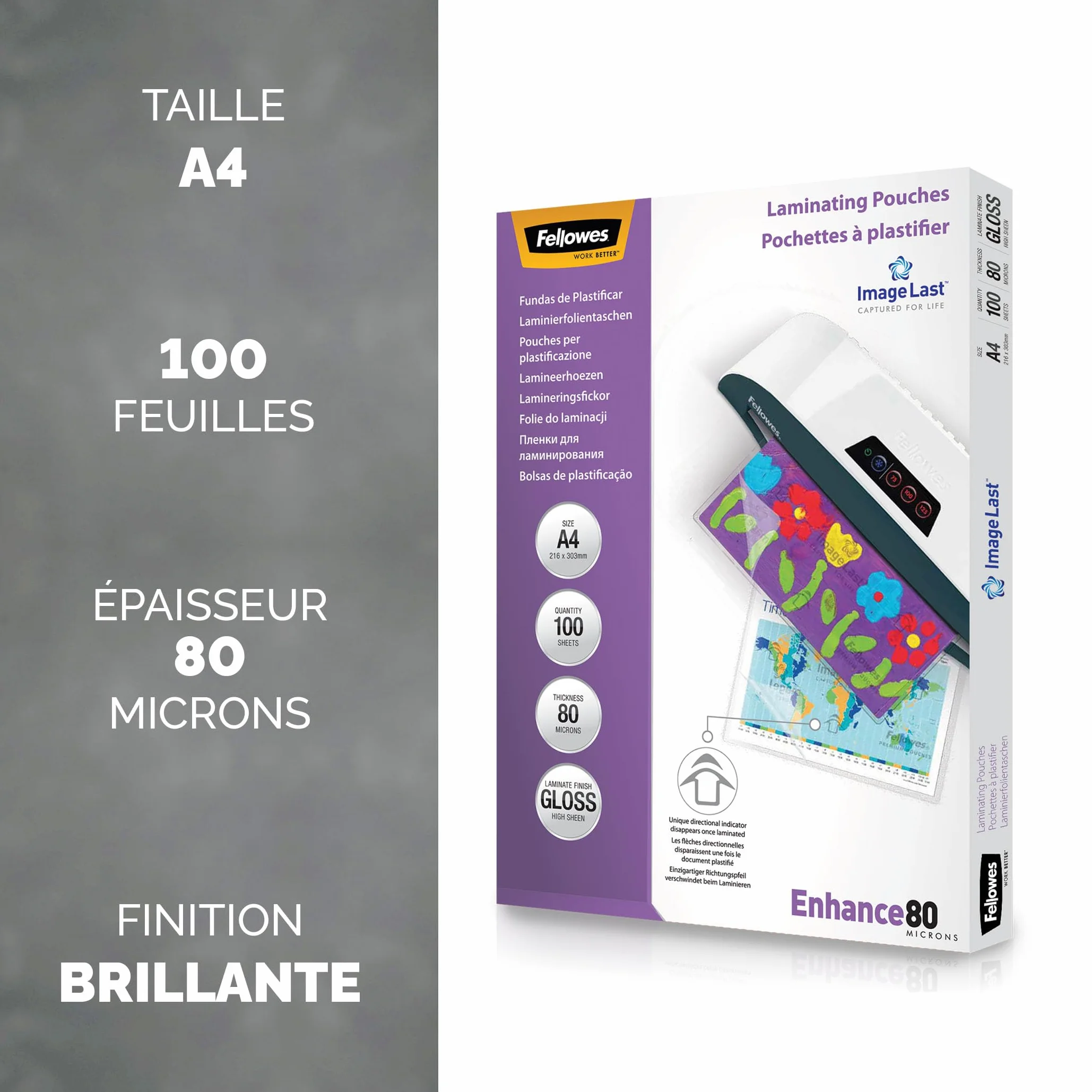 Fellowes Pochette De Plastification A4 80 microns Pack 100 Feuilles Plastifieuse Technologie ImageLast Finition Brillante