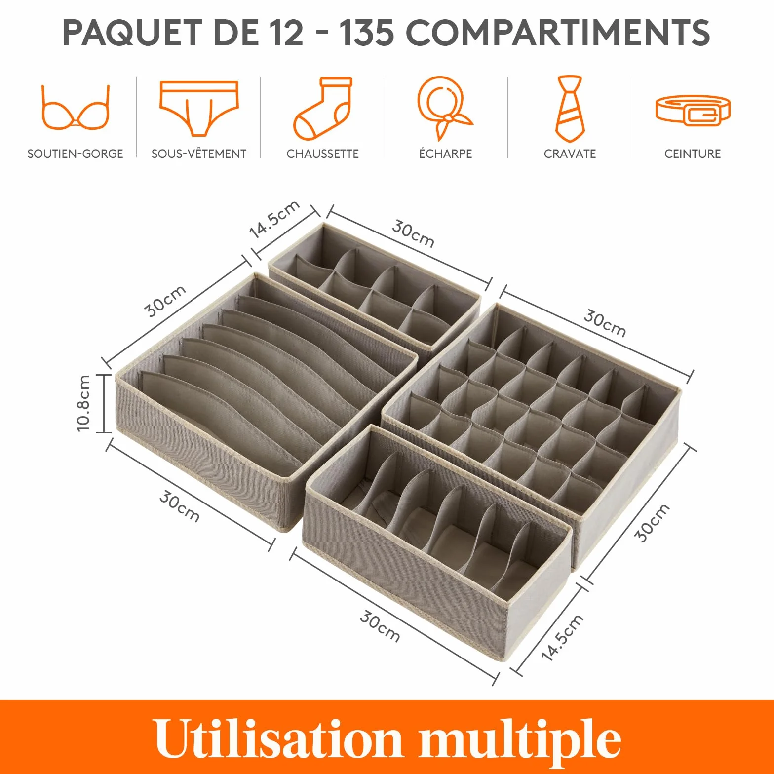 Lifewit Lot de 12 Organisateur de Tiroir Pliable en Tissu, Boîte de Rangement pour Sous-vêtements, Chaussettes, Culottes, Cravates, Gris Clair