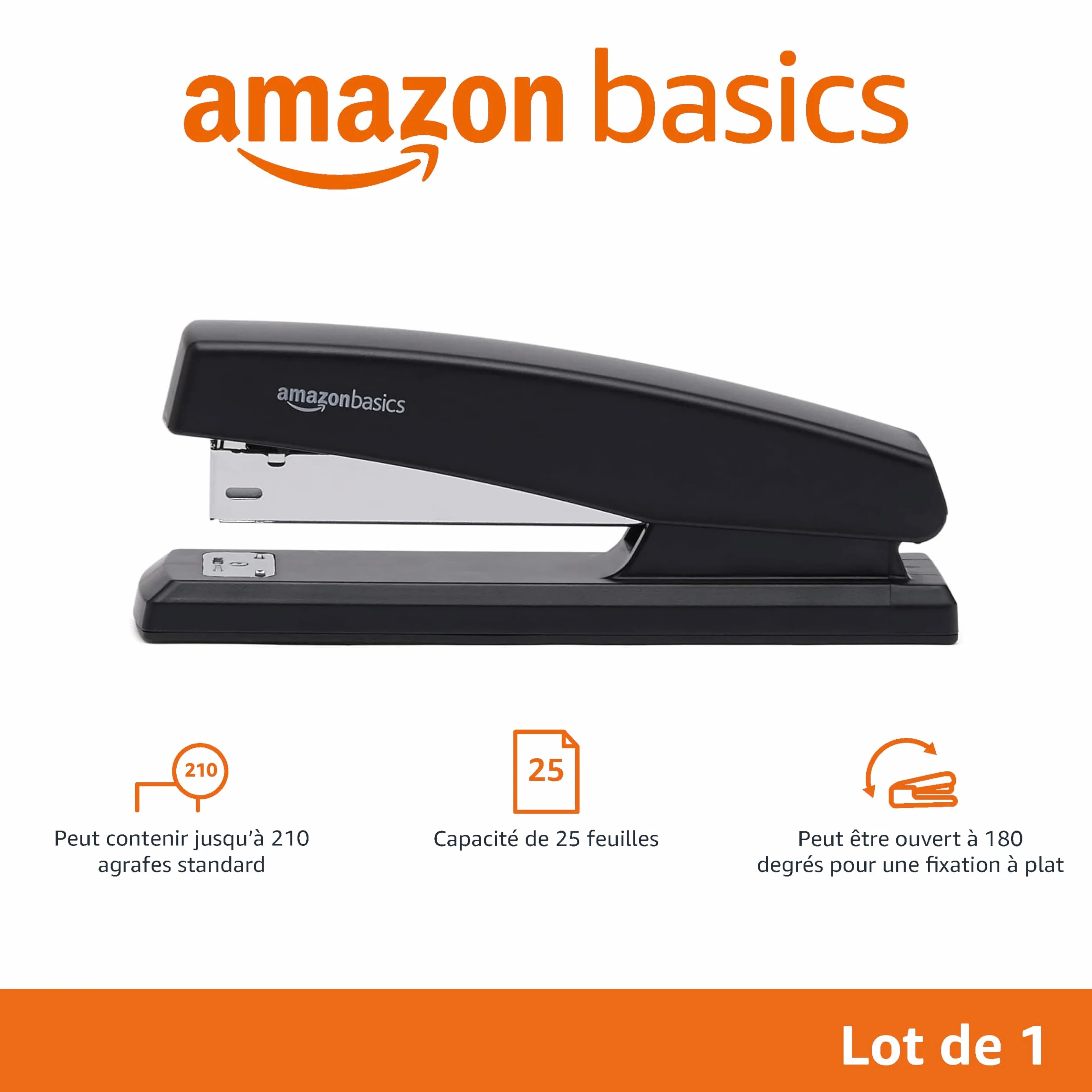 Amazon Basics Agrafeuse avec 1000 Agrafes, Capacité 25 Feuilles, Base Antidérapante Caoutchouc, Noire