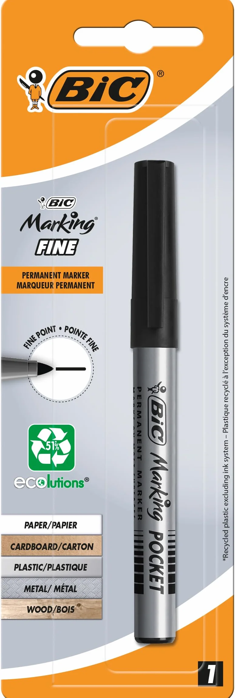 BIC Marking Fine ECOlutions Marqueur Permanent à Pointe Conique Fine Noir Blister de 1