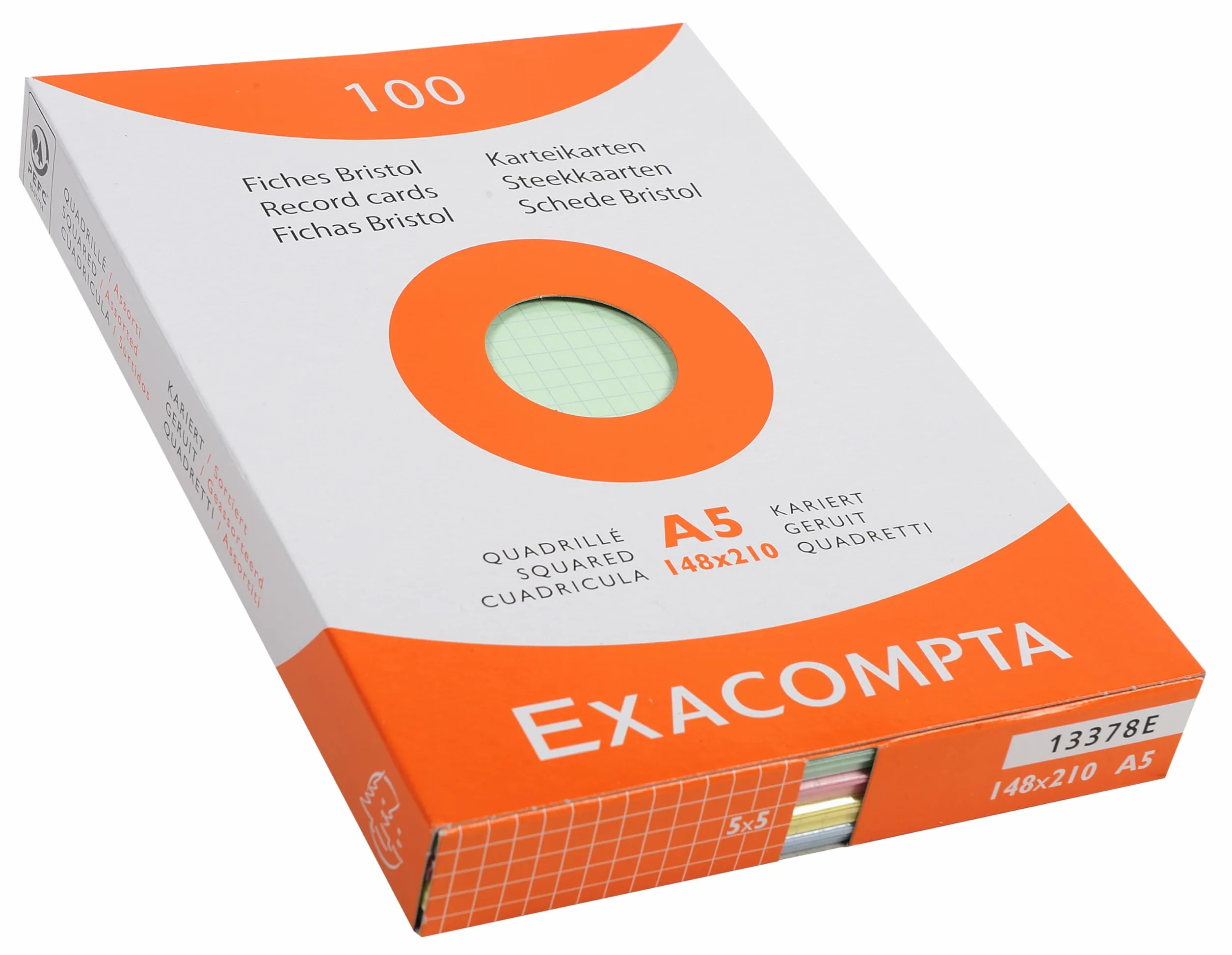 Exacompta Étui 100 fiches bristol quadrillées 5x5 non perforées 148 x 210 mm compatibles imprimante jet d'encre laser photocopieur couleurs assorties