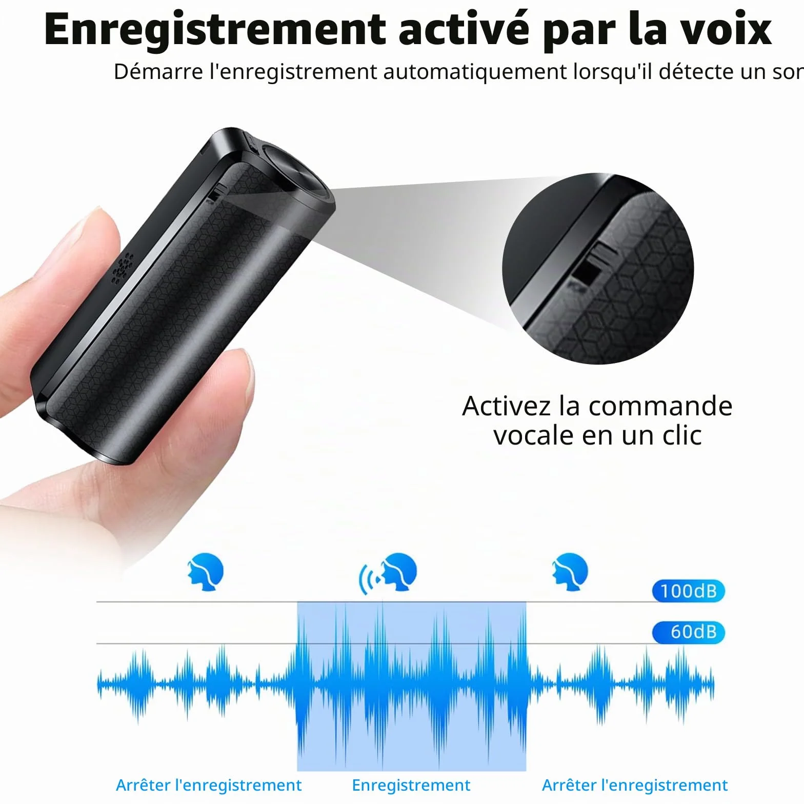 Enregistreur Vocal Espion Magnétique 30 Jours Enregistrement Continu Mini Dictaphone Commande Vocale Rechargeable USB