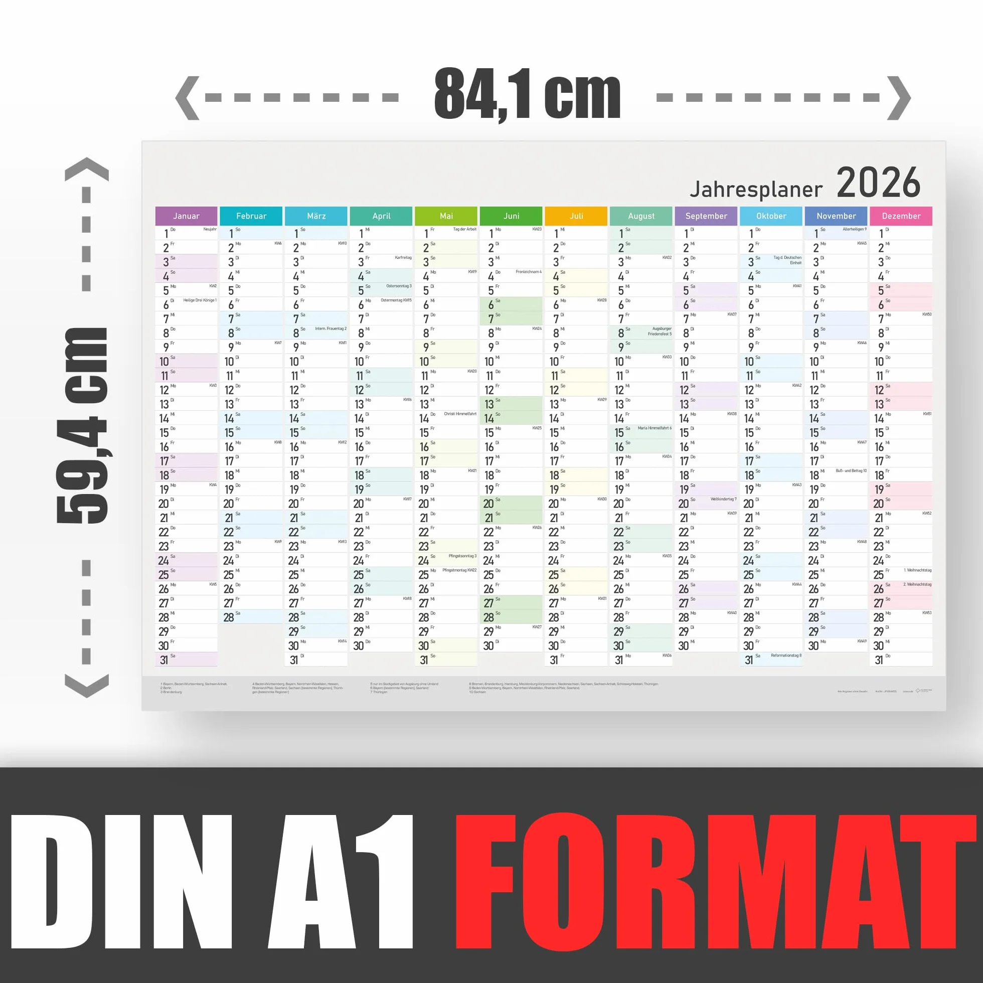 Calendrier annuel XXL 2026 A1 84x59 cm mural planificateur avec semaines et jours fériés