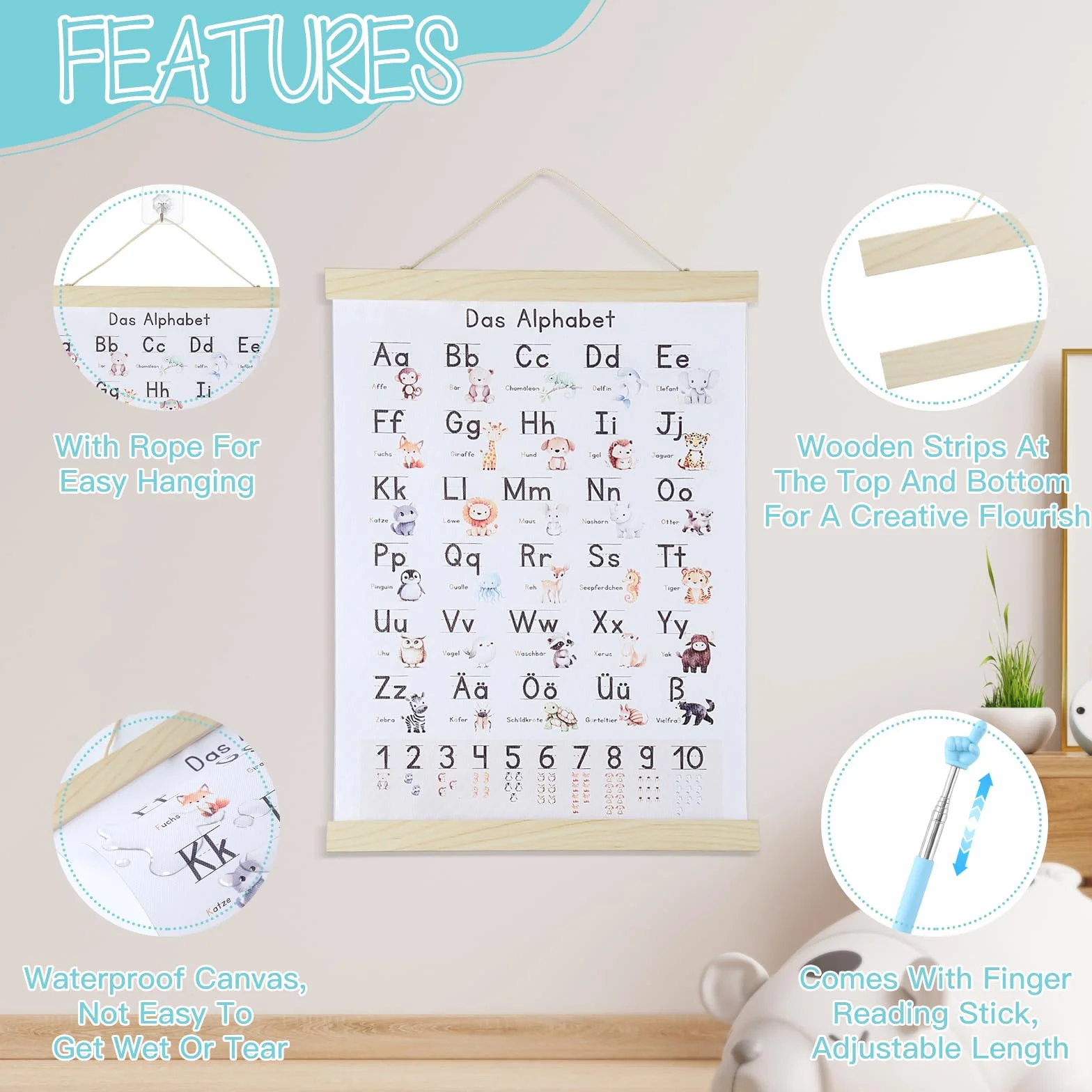 Affiche Alphabet Enfant 30x40 cm Poster A à Z avec Cadre et Bâton de Lecture