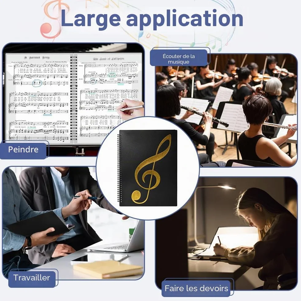 Classeur A4 pour Partitions de Musique avec 10 Pinces, 40 Pages, Étanche
