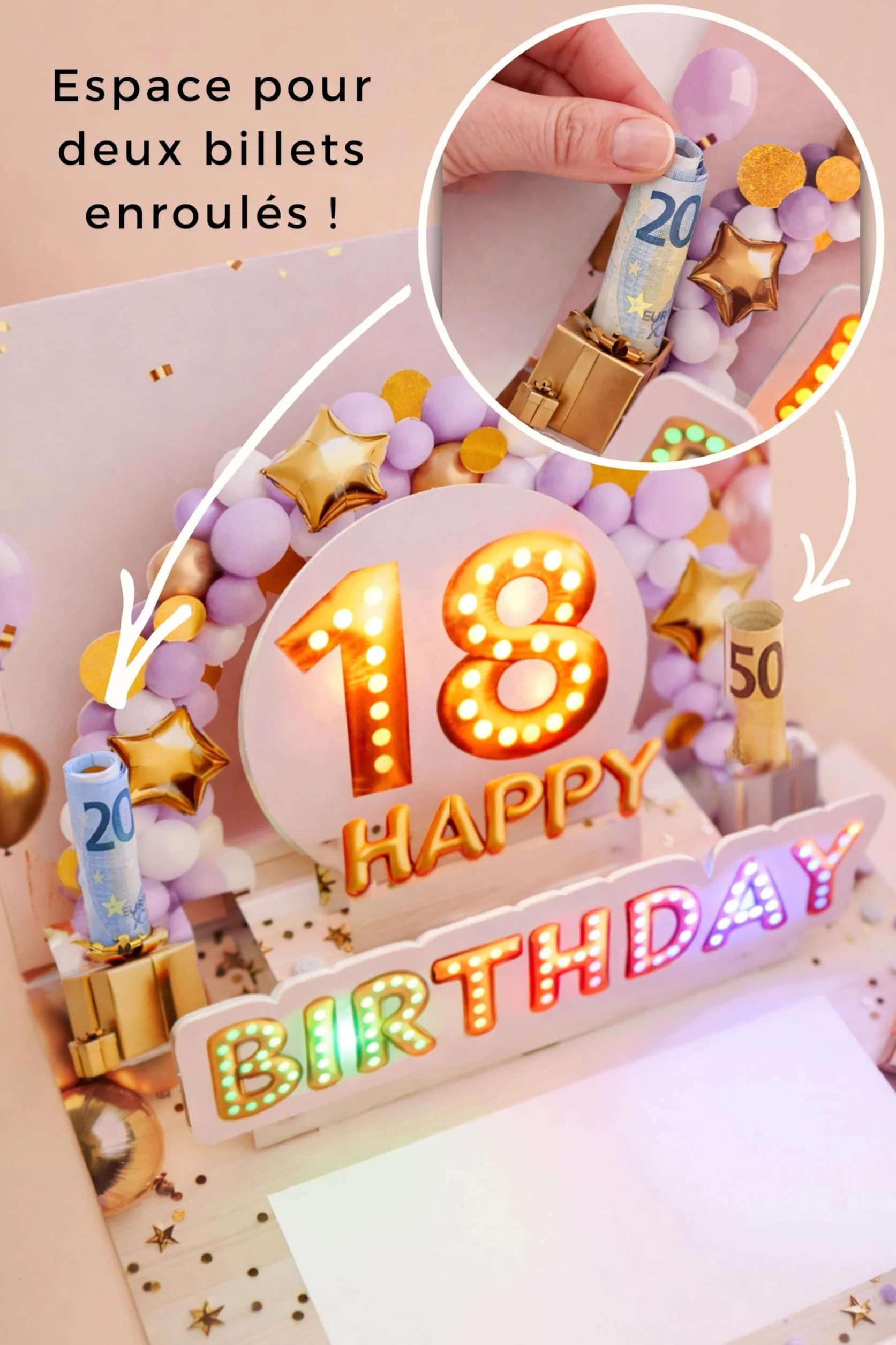 Carte anniversaire 18 ans pop up 3D avec musique et lumière – pour fille, enveloppe et autocollant sceau – 20 x 15 cm