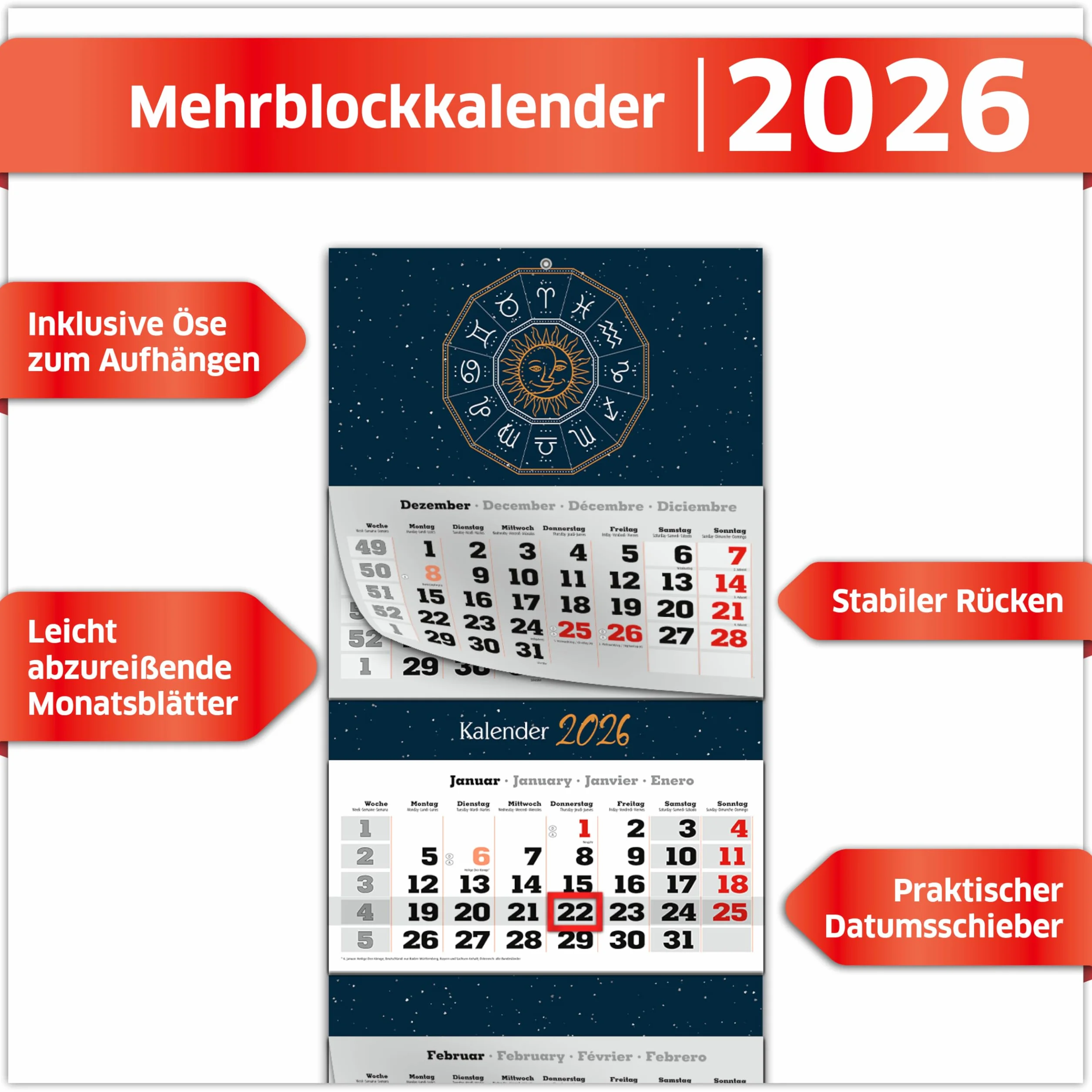 Primus Print Calendrier mural XXL 2026 4 mois avec curseur de date à suspendre jours fériés vacances motifs signe du zodiaque