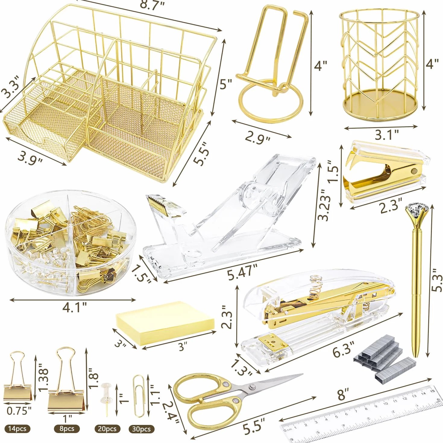 Organisateur de bureau doré 13 pièces avec agrafeuse acrylique distributeur ruban porte-stylo