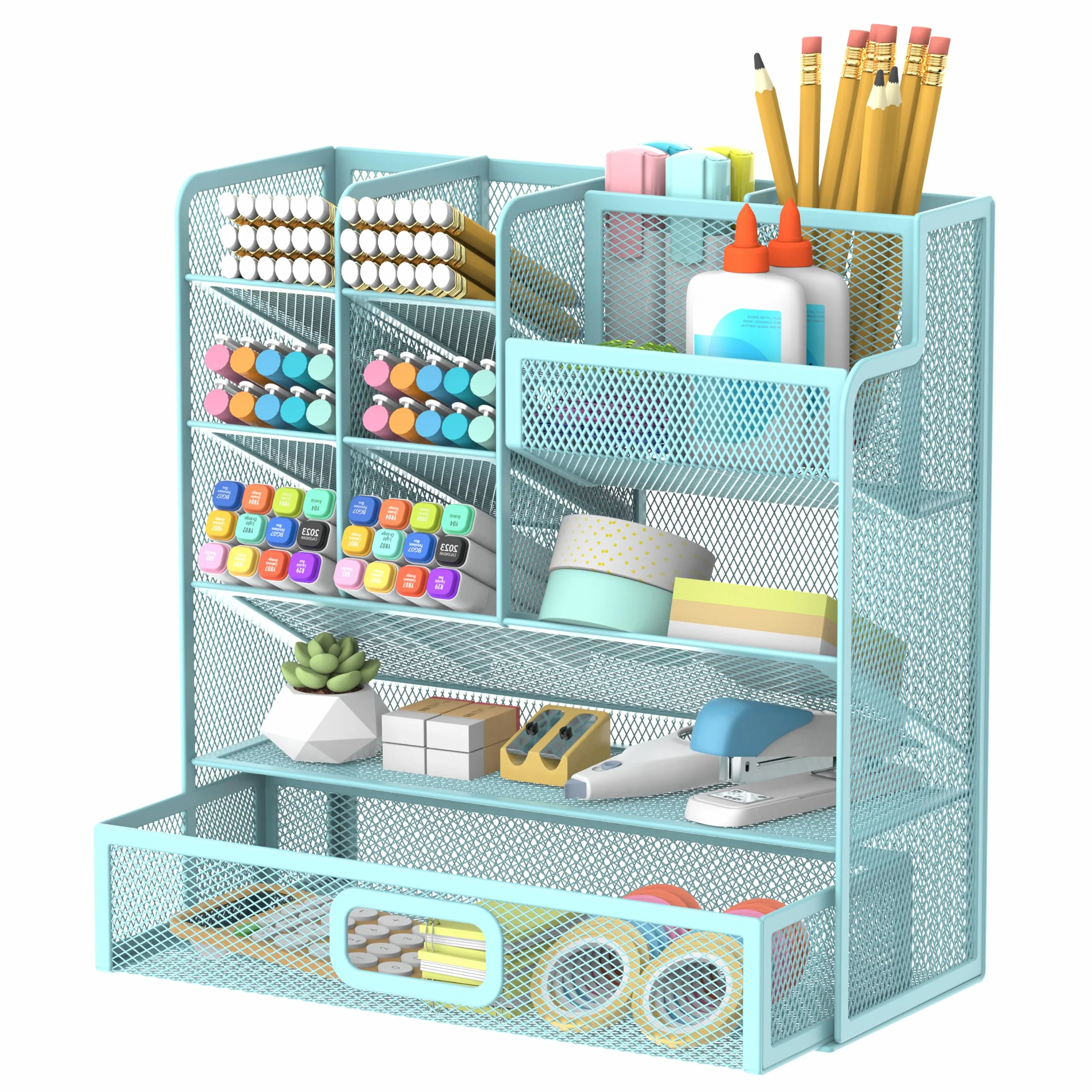 SUPEASY Porte-stylo organiseur bureau maille métallique bleu