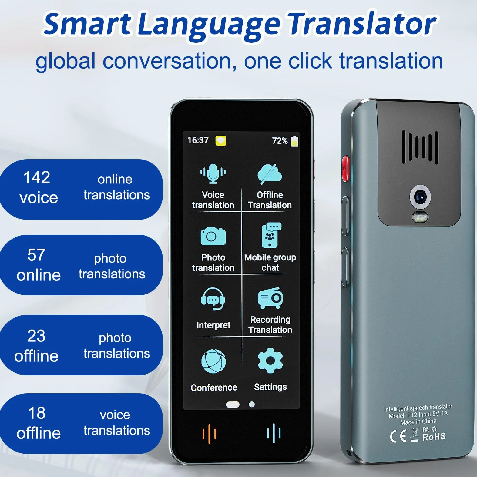 Appareil de Traduction AI Intelligent 142 Langues, Traduction Hors Ligne et Bidirectionnelle Instantanée, Cadeau Voyage (Gris-Gun)
