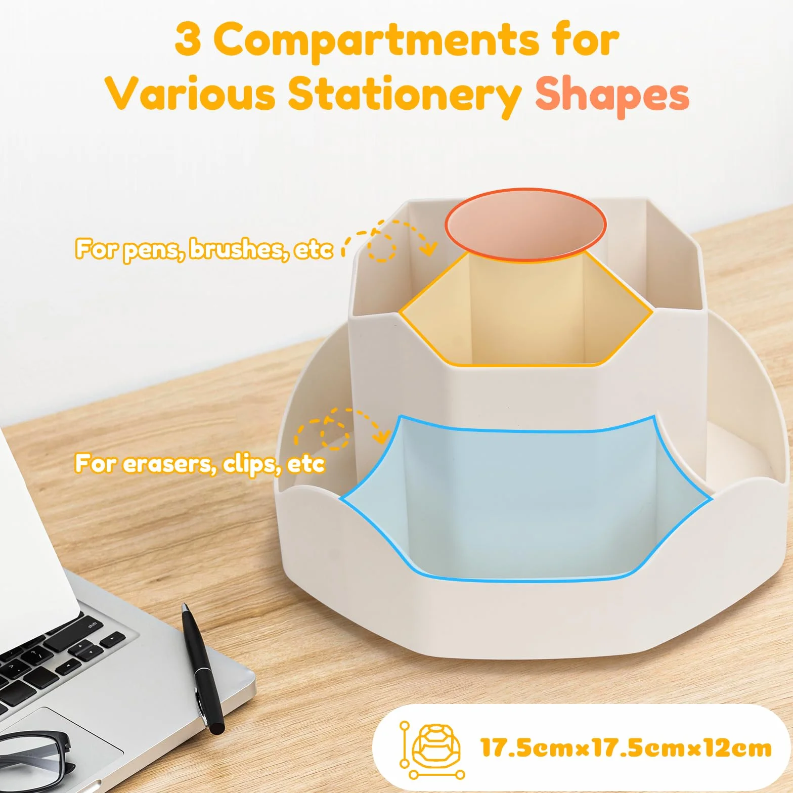 Euqvunn Organisateur de Bureau Rotatif, Pot à Crayon 9 Compartiments, Rangement Bureau 360° Porte Stylo Beige
