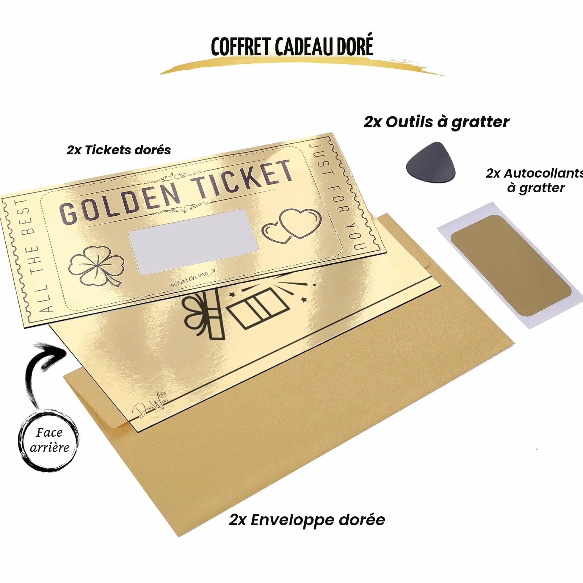 DasWas Carte à gratter Ticket d'Or - Carte Cadeau à Remplir avec Autocollant à Gratter - Cartes Cadeaux à Faire Soi-Même - Cadeau Personnalisé Enveloppe Scintillante