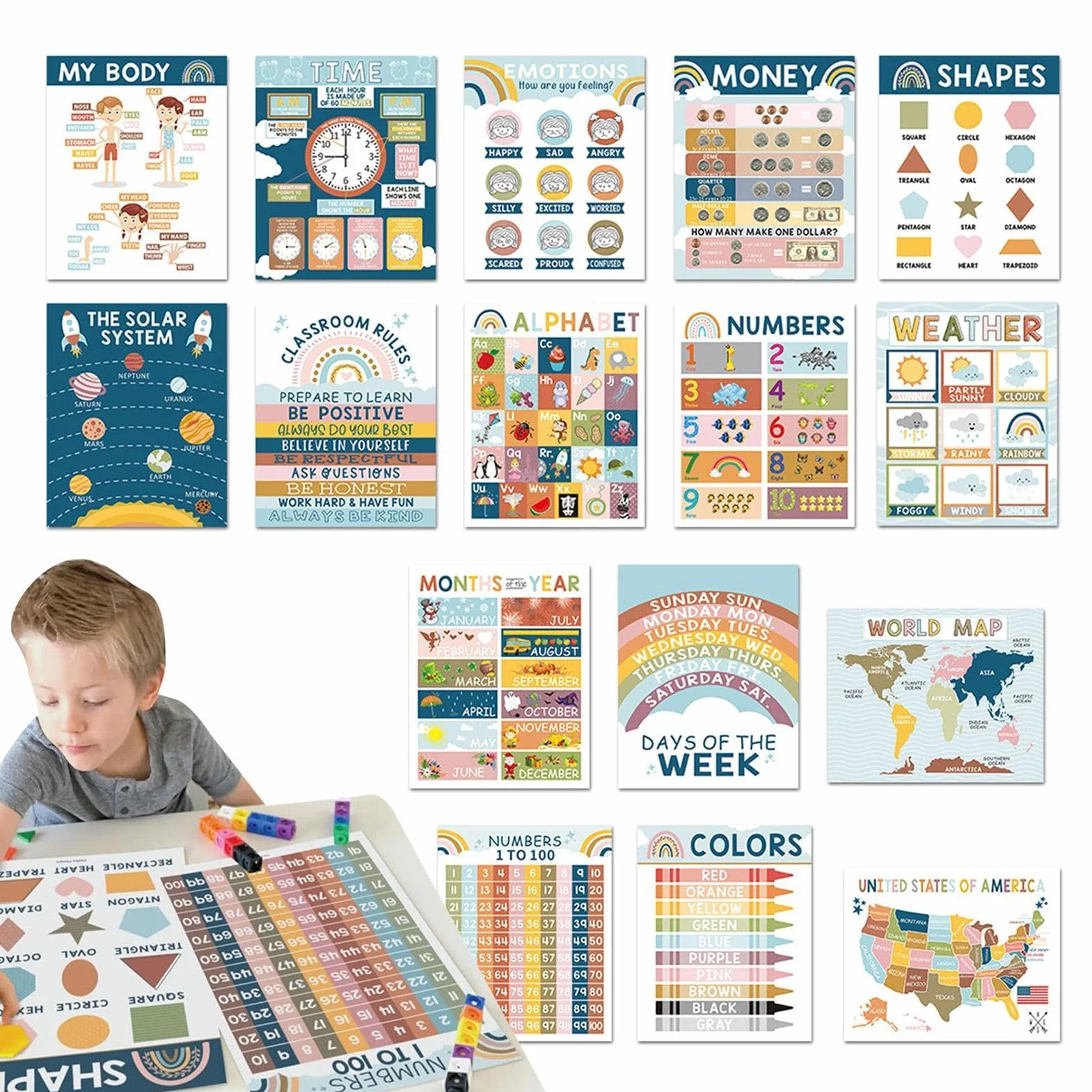 Affiches d'anglais pour salle de classe, Affiche éducative en anglais, 16x Affiches murales d'apprentissage, Matériel de préapprentissage, outils d'enseignement