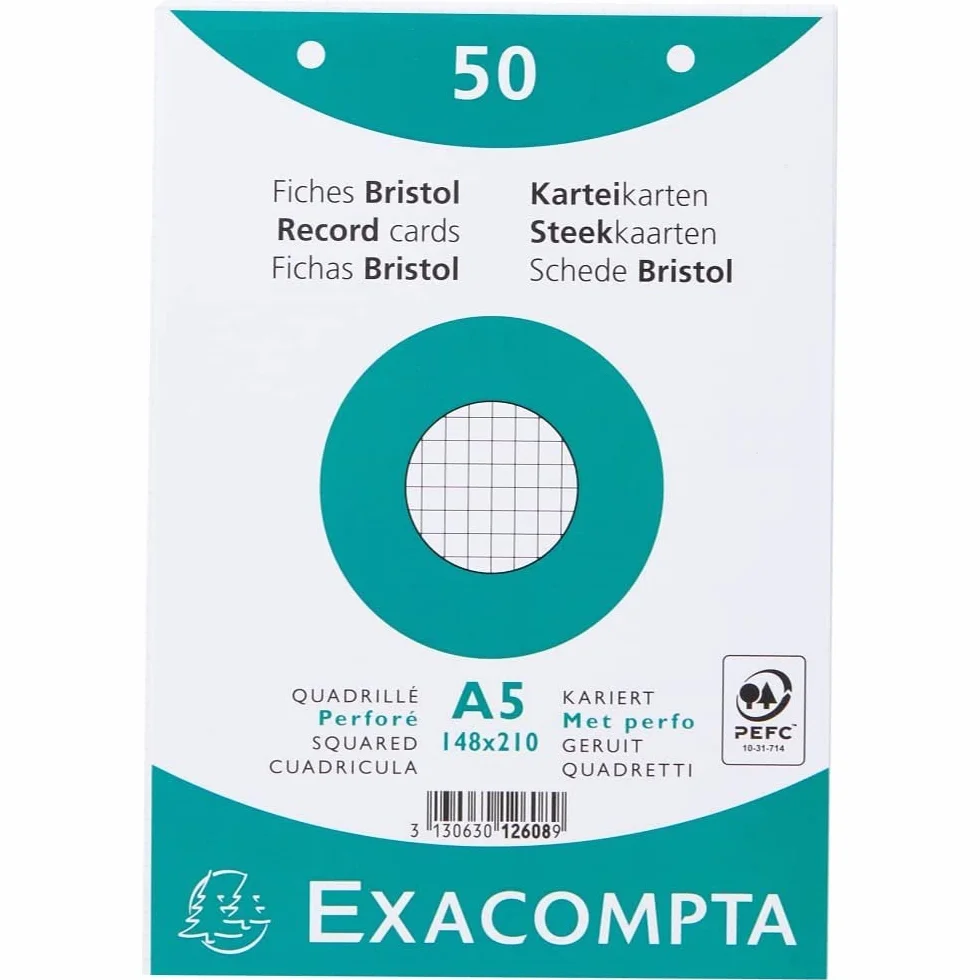 Exacompta Fiches Bristol Quadrillées 5x5 Perforées 148x210 mm Paquet de 50