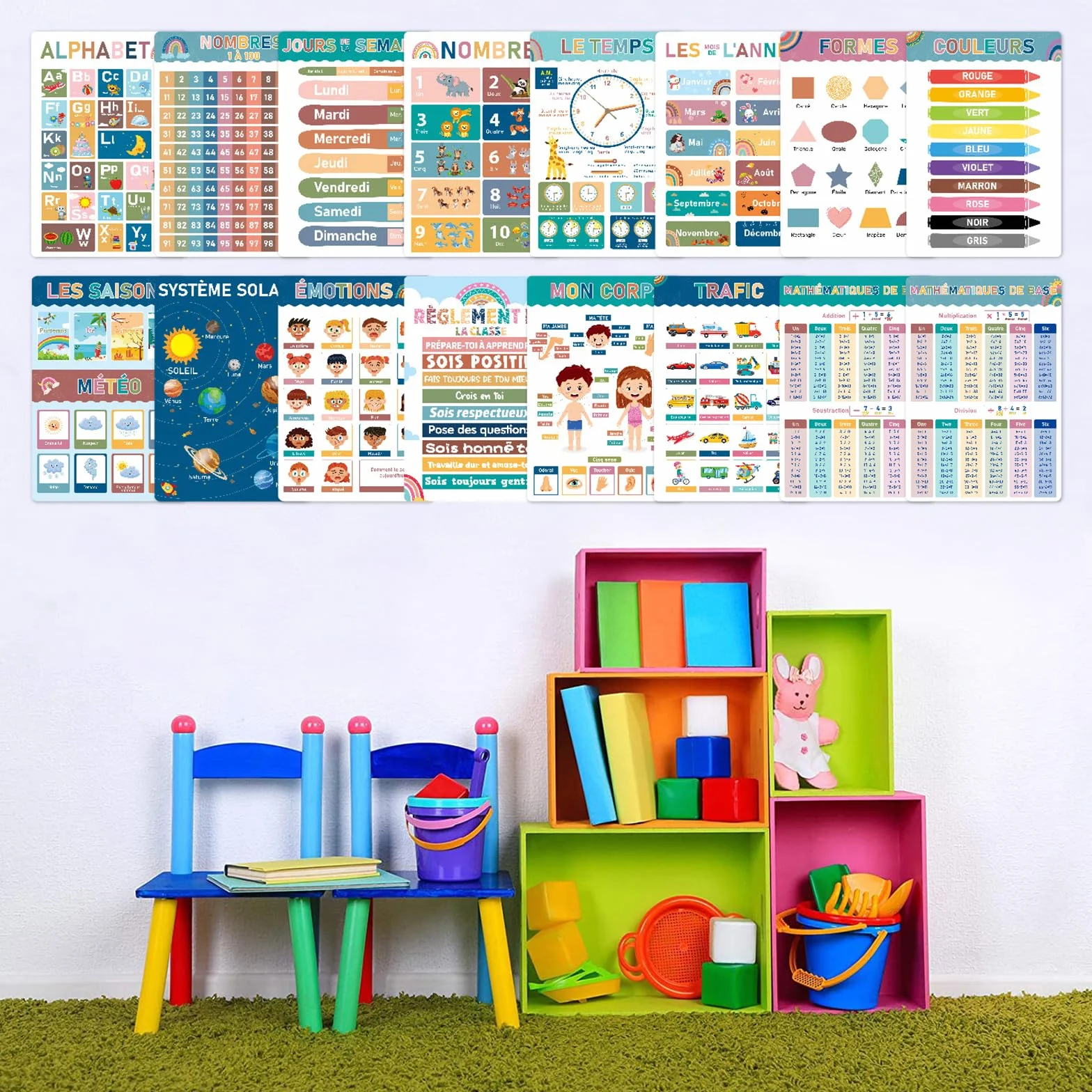 16 Affiches Éducatives en Français pour Tout-Petits 1-5 Ans, Apprentissage Salle de Jeux Maison Crèche Classe