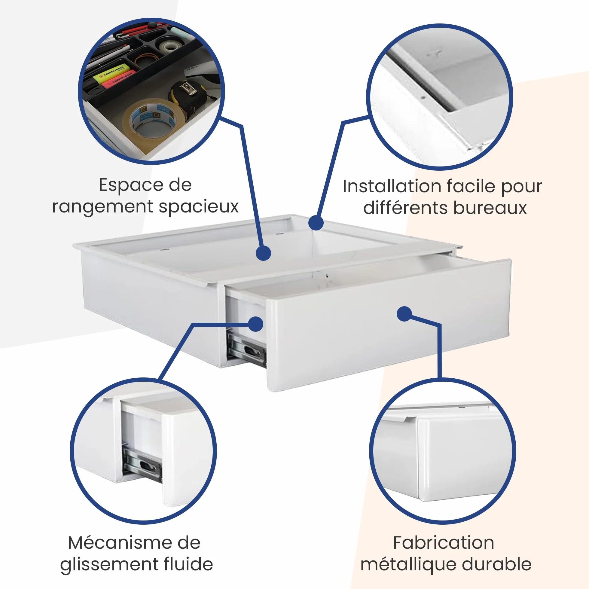 IVOL Tiroir de Bureau Blanc 42 x 41 x 10 cm - Sous Bureau en Métal - Extensible