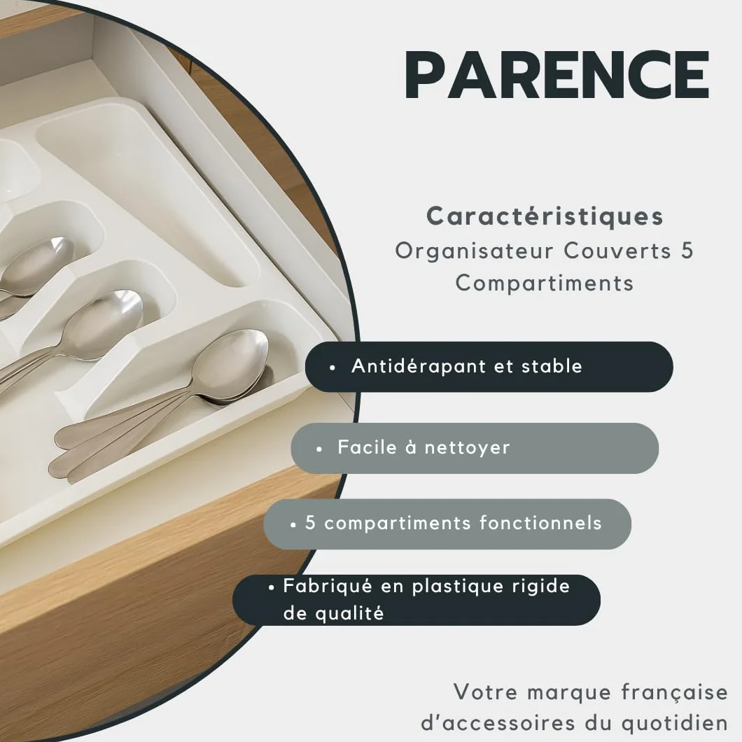 PARENCE Organisateur Couverts 5 Compartiments Range-Tiroir Cuisine Plastique 33x26x5 cm Blanc