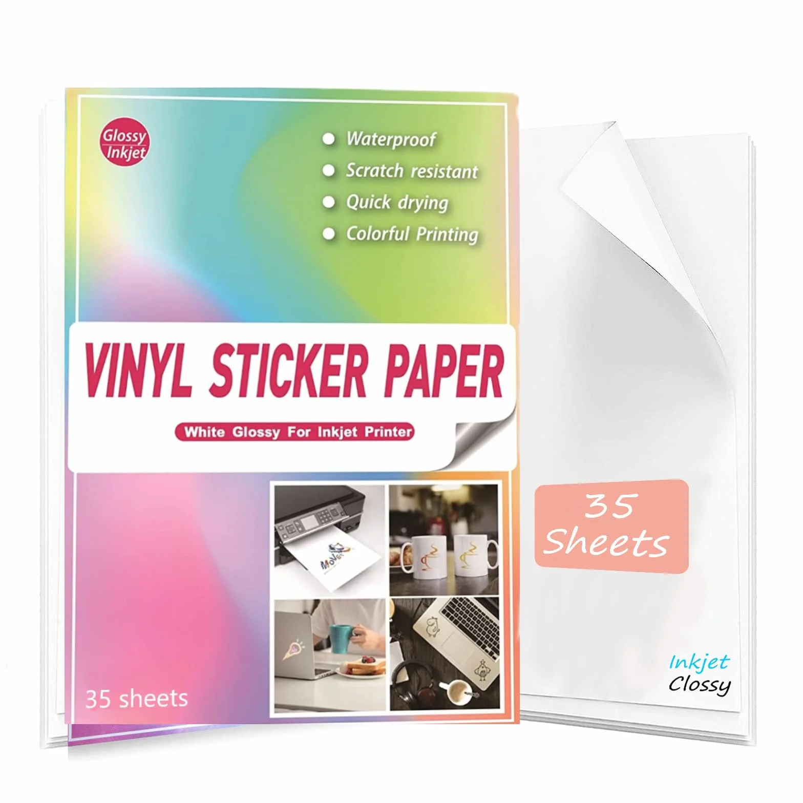 Papier autocollant vinyle imprimable imperméable A4 brillant blanc 35 feuilles pour imprimante jet d'encre