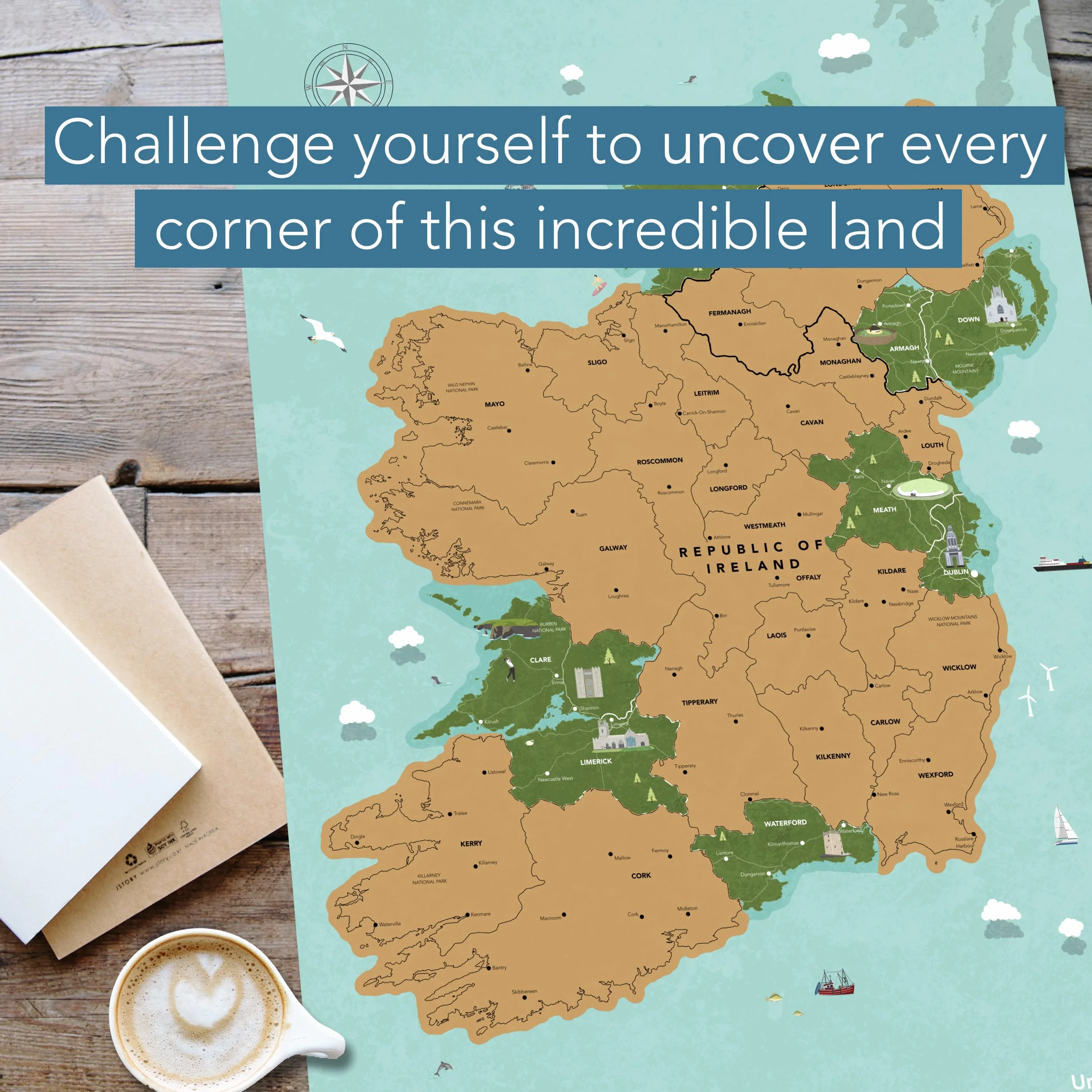 Uncover Maps Carte à gratter de l'île d'Irlande – Poster de voyage A2 avec monuments illustrés